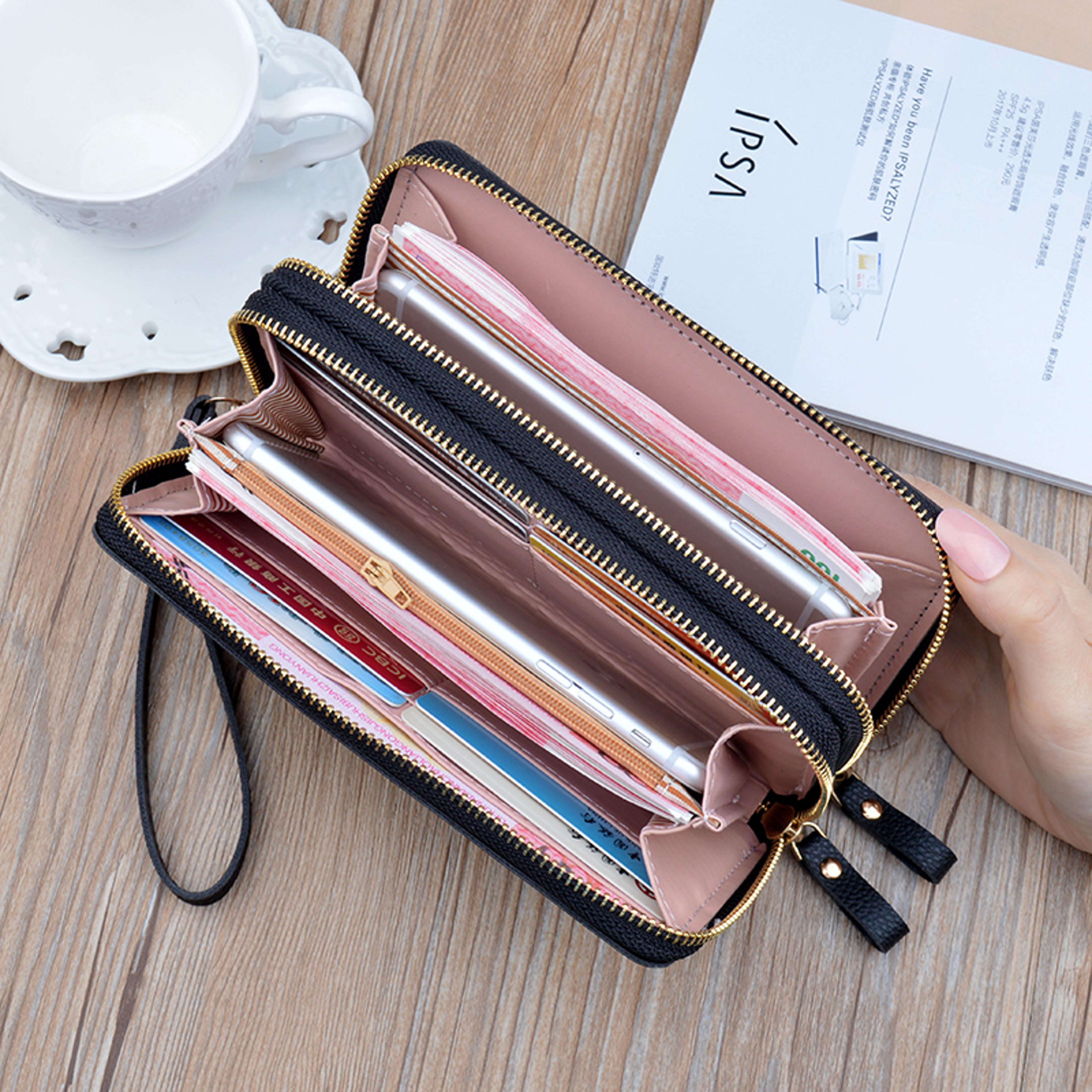 Large Capacity Women Double Zipper Long Wallet PU Leather Money Clutch Cell Phone Bag Credit Cards  7