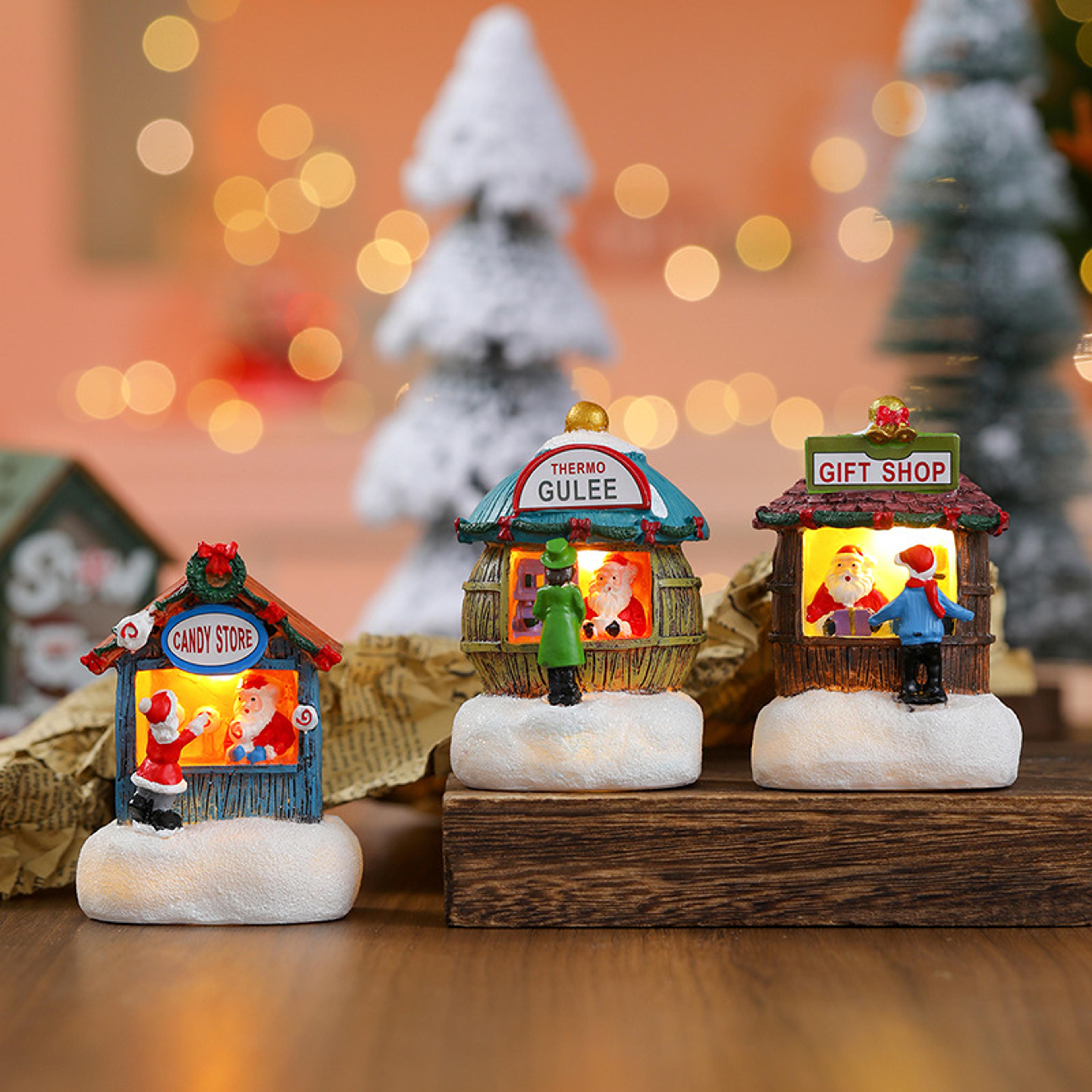 Resin Santa Claus Snowman Luminous Christmas LED House Pine Needles Snow Micro Landscape Ornaments 0