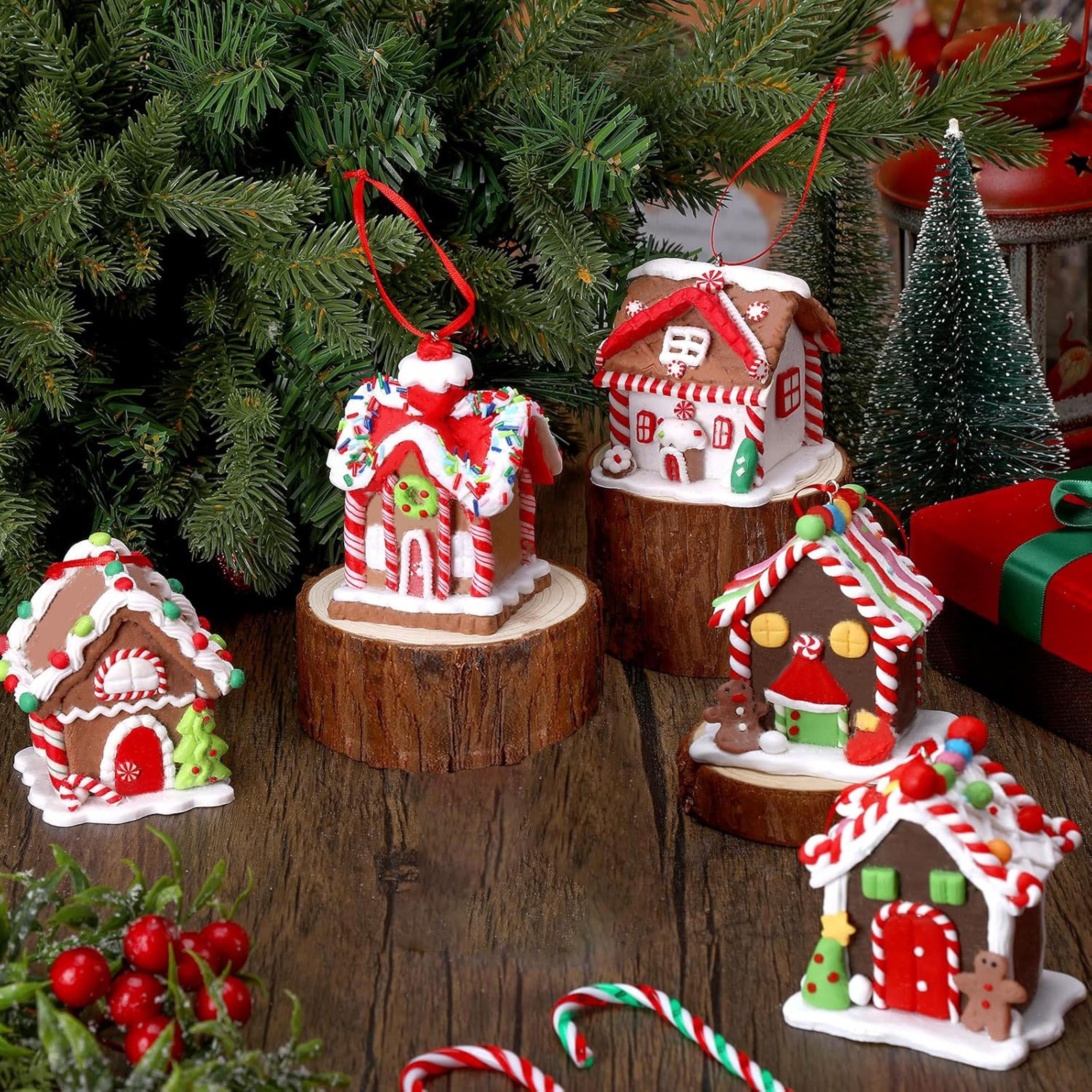 Holiday Gingerbread Christmas Tree Ornaments Set 5pcs House Decor With Rope 8