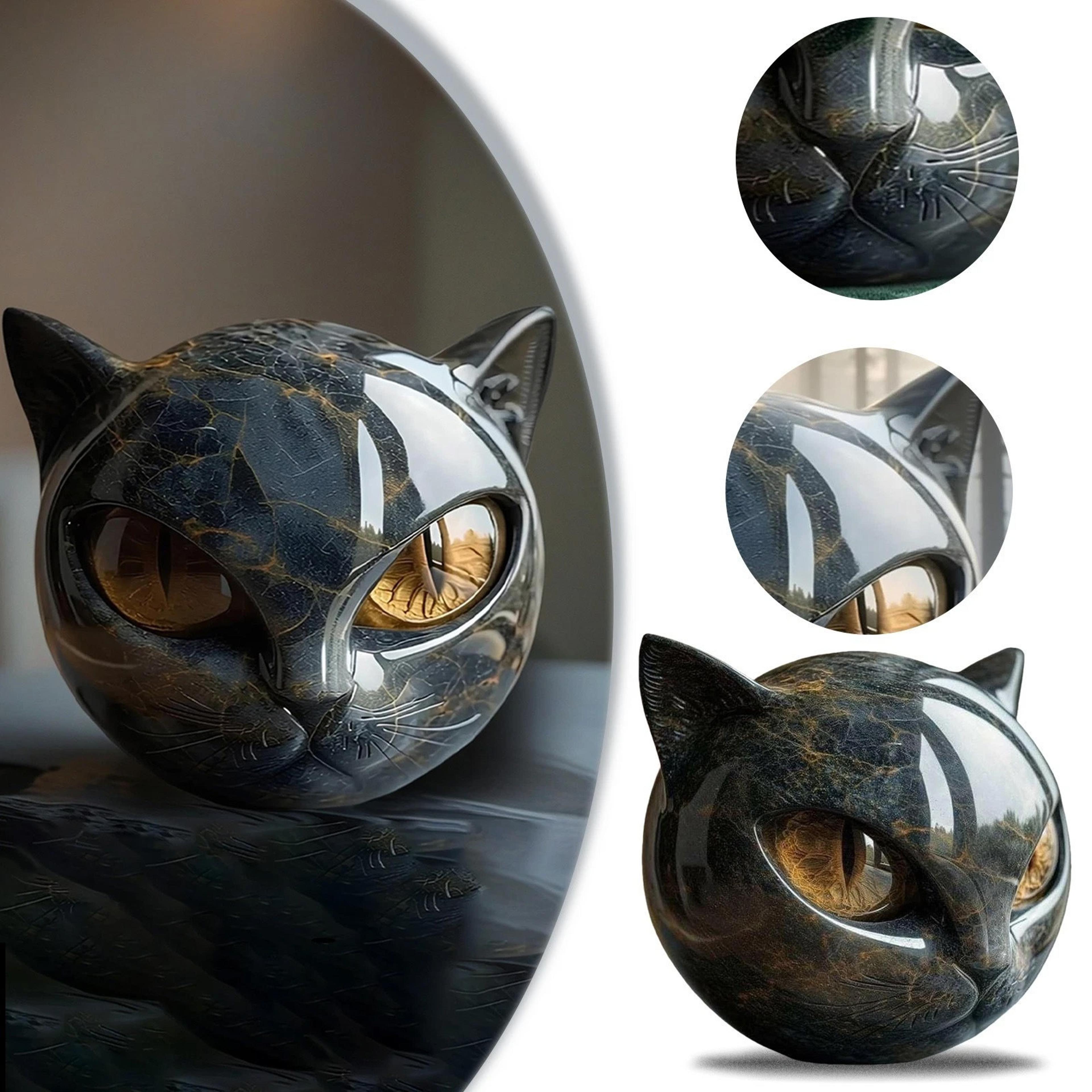 Resin Cat Head Healing Stone Decorative Black Cat Stone Figurine Marble Texture Keepsake Gift For O 5