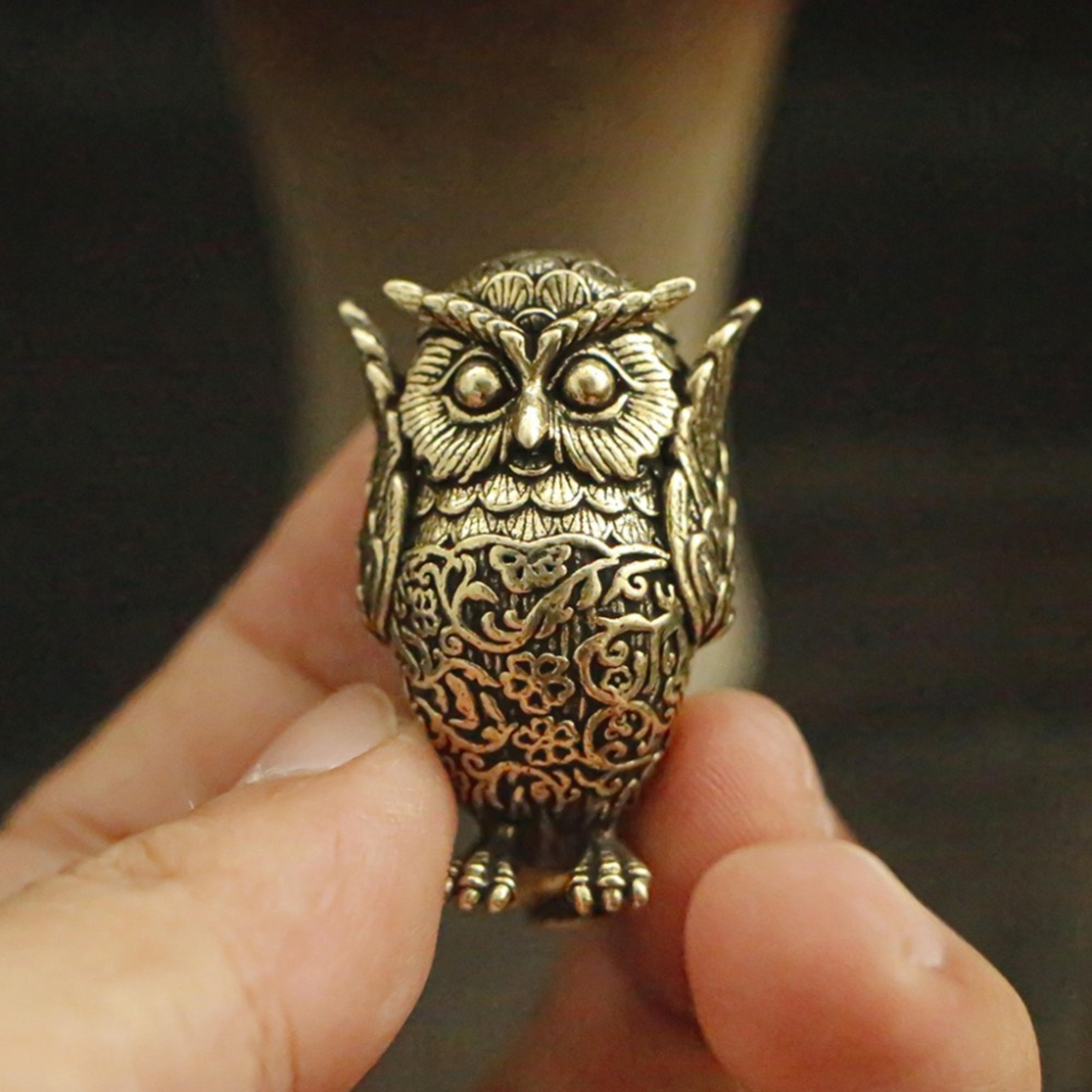 vintage brass owl statue, animal sculpture for office desk, home decor, unique gift idea for bookshelf decoration