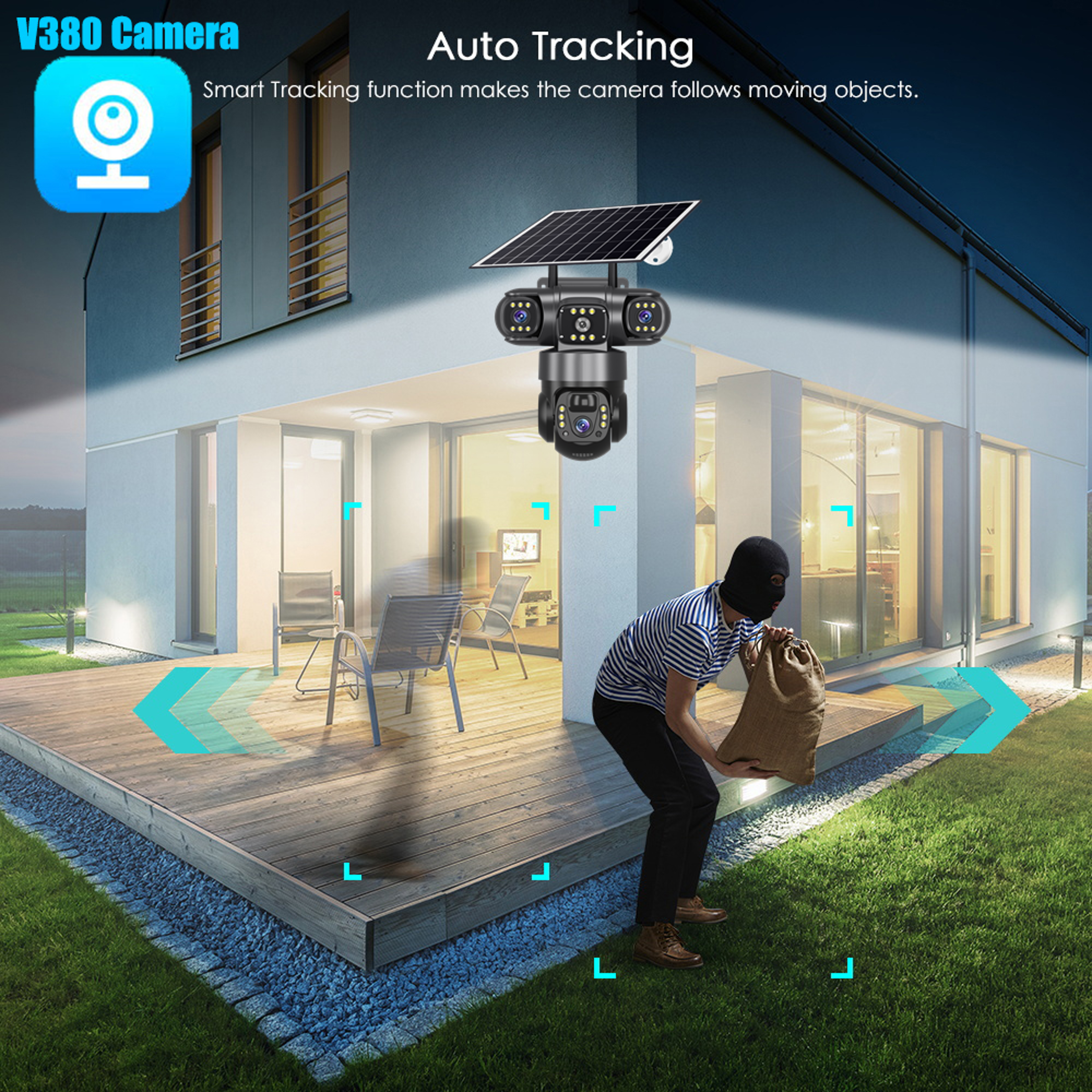 Solar Camera Outdoor Triple Lens With Zoom PIR Motion Detection CCTV Surveillance Smart Alerts 2