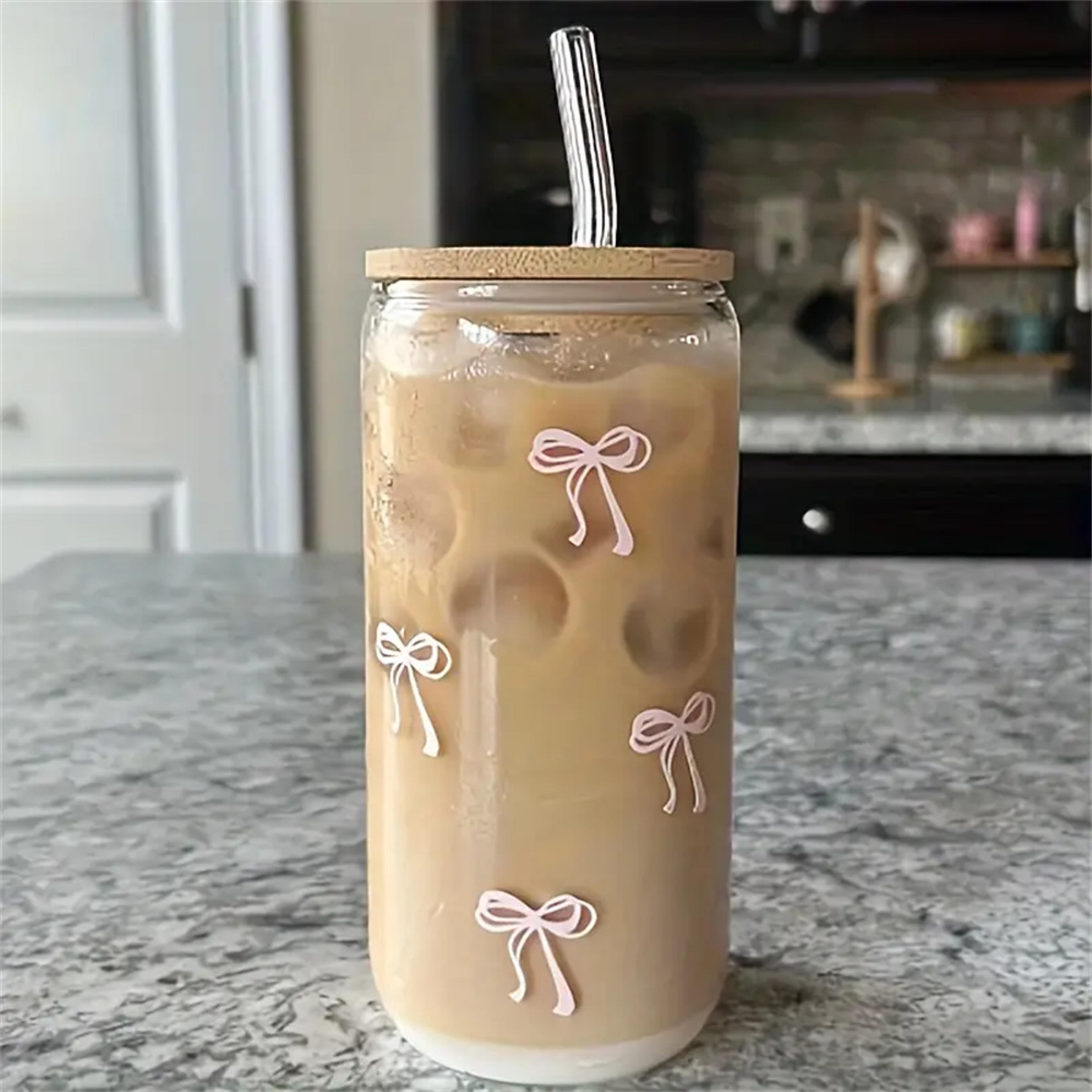 Cherry Bow Glass Tumbler Mason Jar Shaped Water Bottle With Lid And Straw For Iced Coffee Juice 3