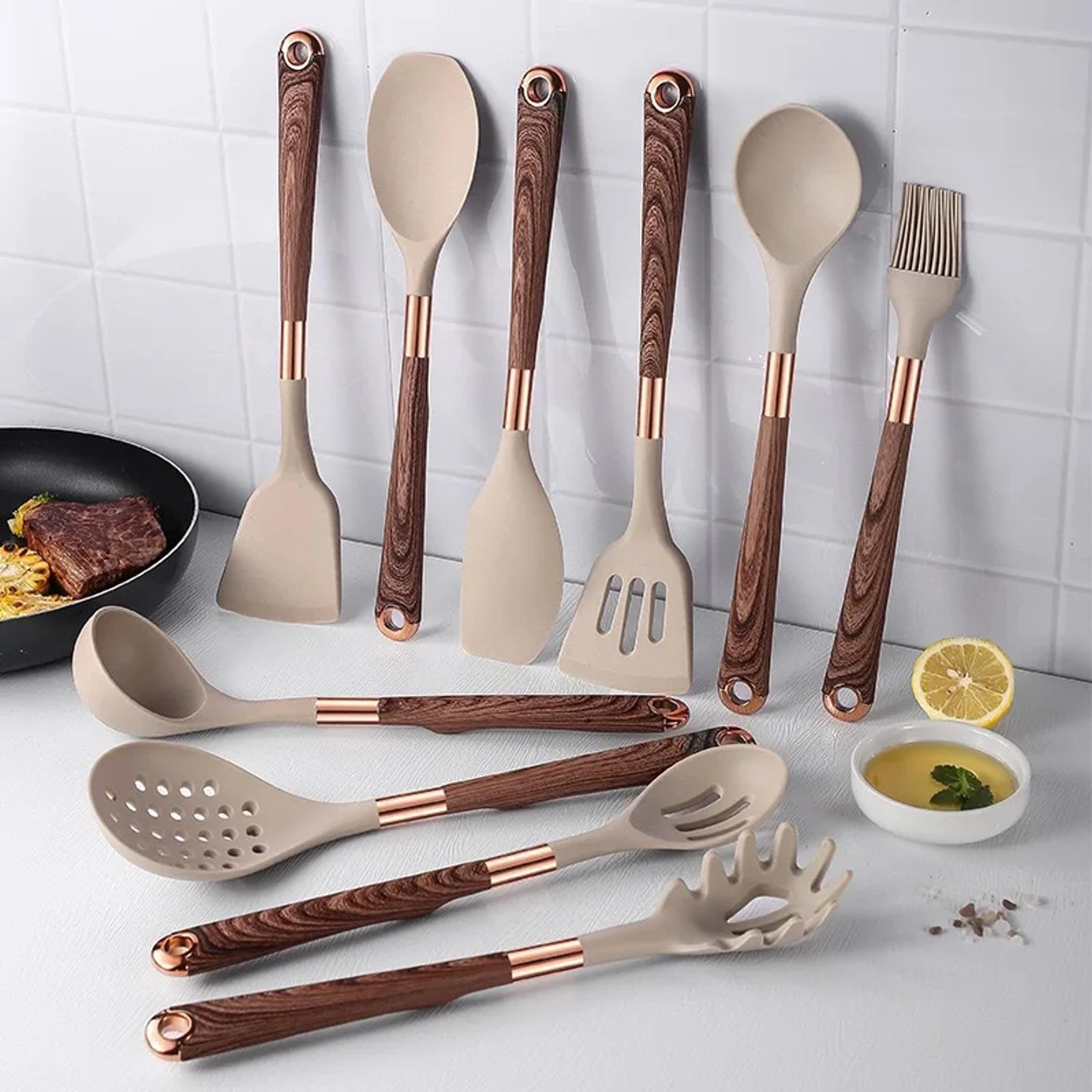 Premium Silicone Kitchen Utensils Set With Goldplated Wood Grain Handles  Spatula Spoons Cooking To 1