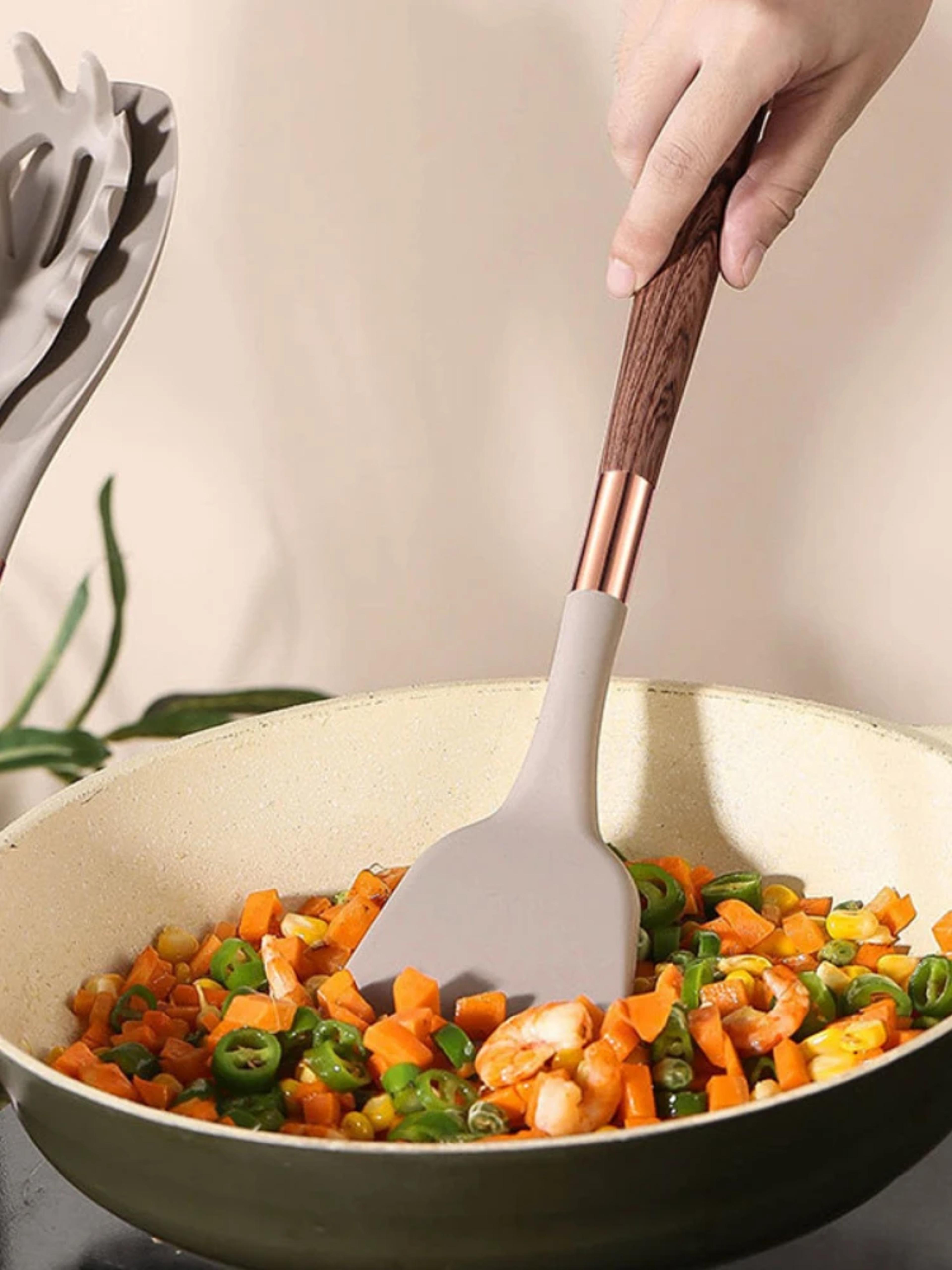 Premium Silicone Kitchen Utensils Set With Goldplated Wood Grain Handles  Spatula Spoons Cooking To 3