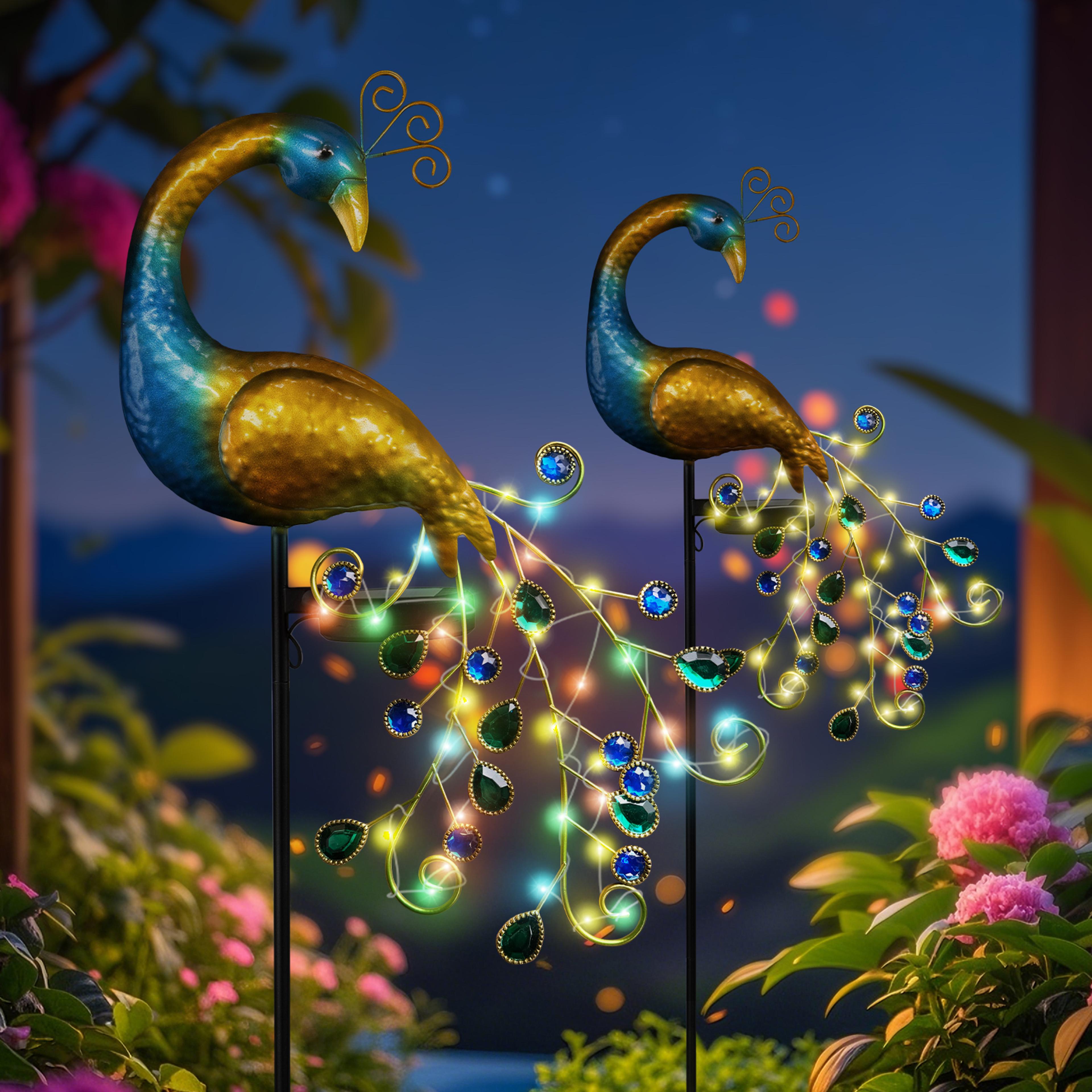 solar peacock stake light – elegant iron art outdoor decor with warm white & multicolor, weatherproof for garden