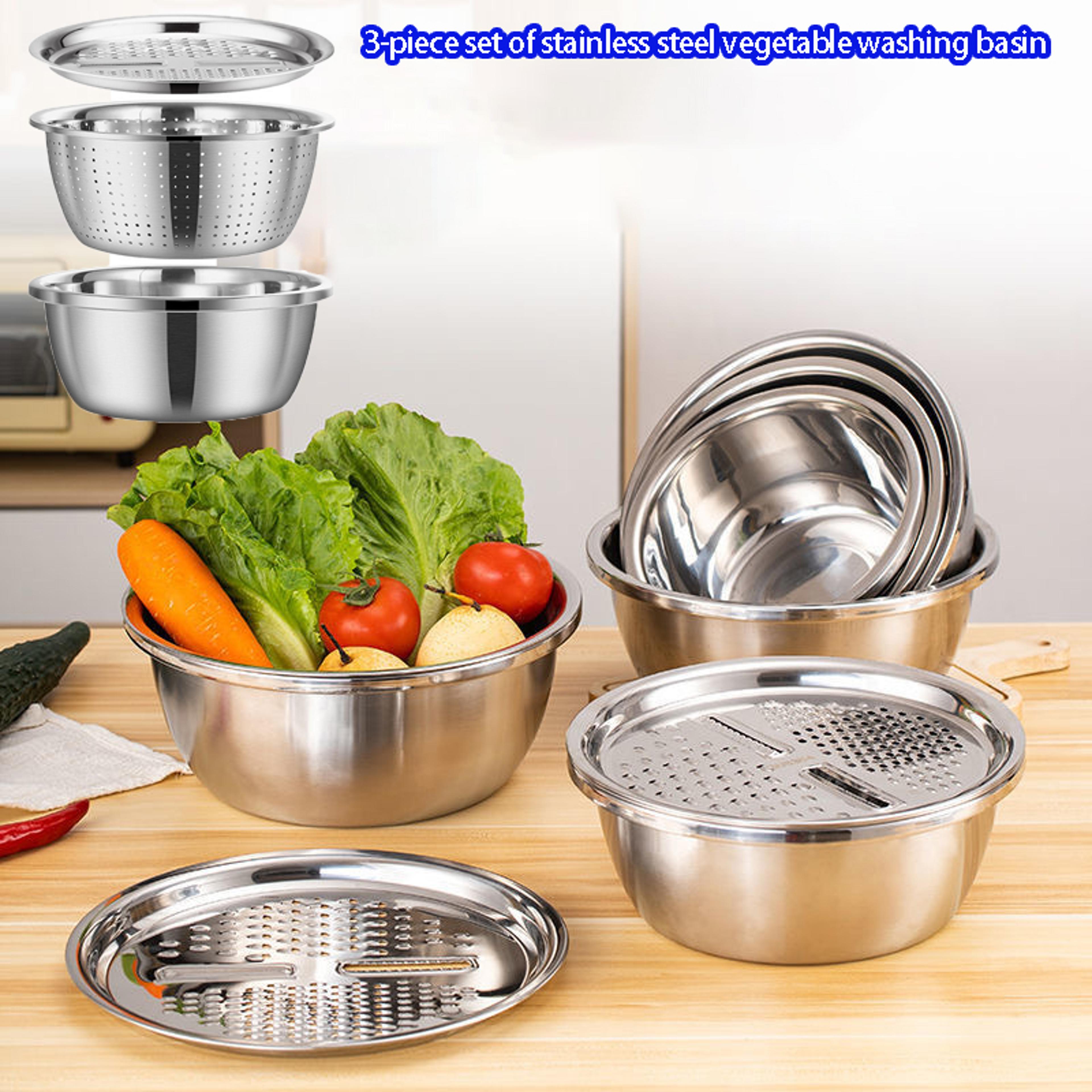 stainless steel multifunctional strainer and mixing bowl set for washing and slicing fruits and vegetables