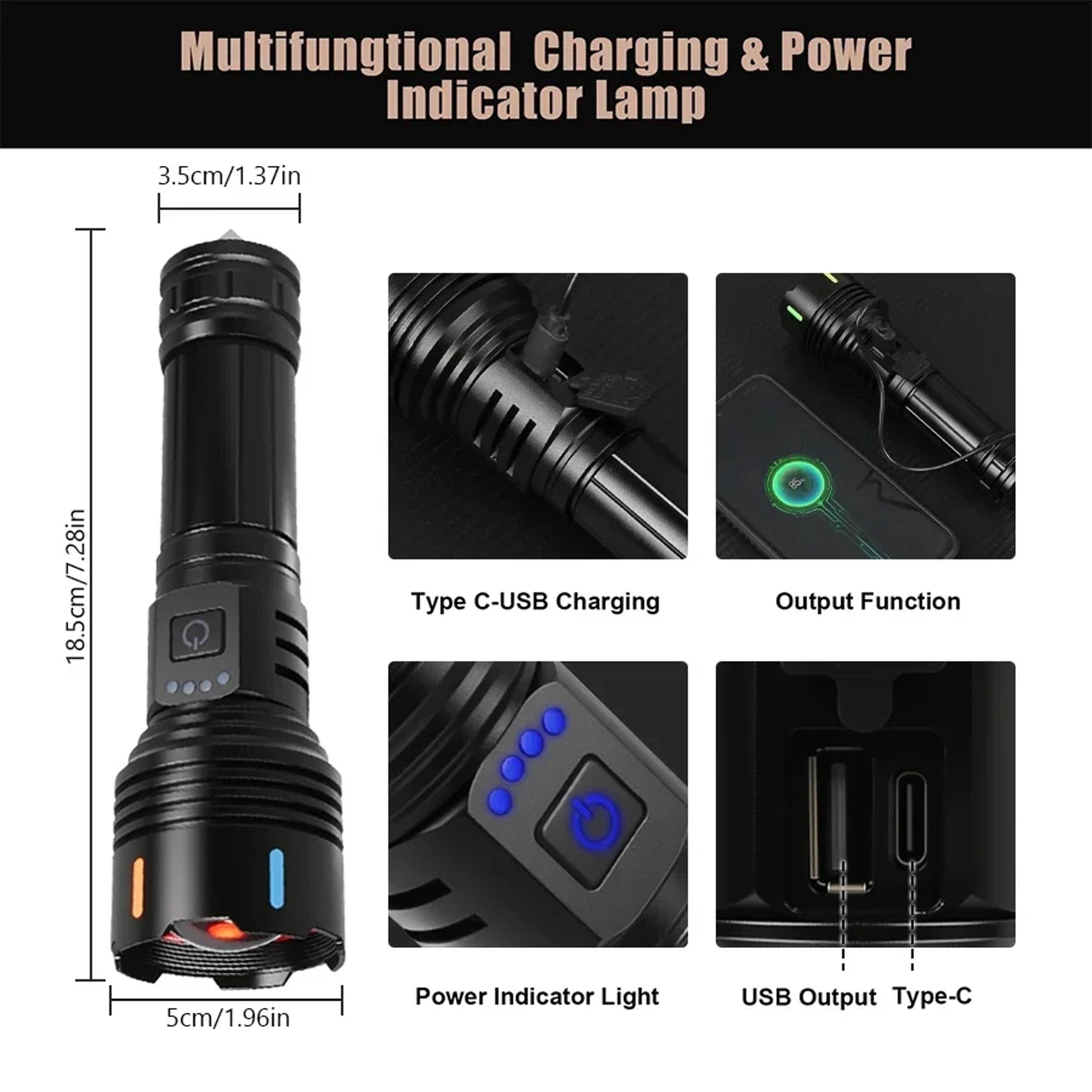 High Power LED Flashlight Rechargeable Type C Zoom Torch Window Breaker For Outdoor Camping  Hiking 4
