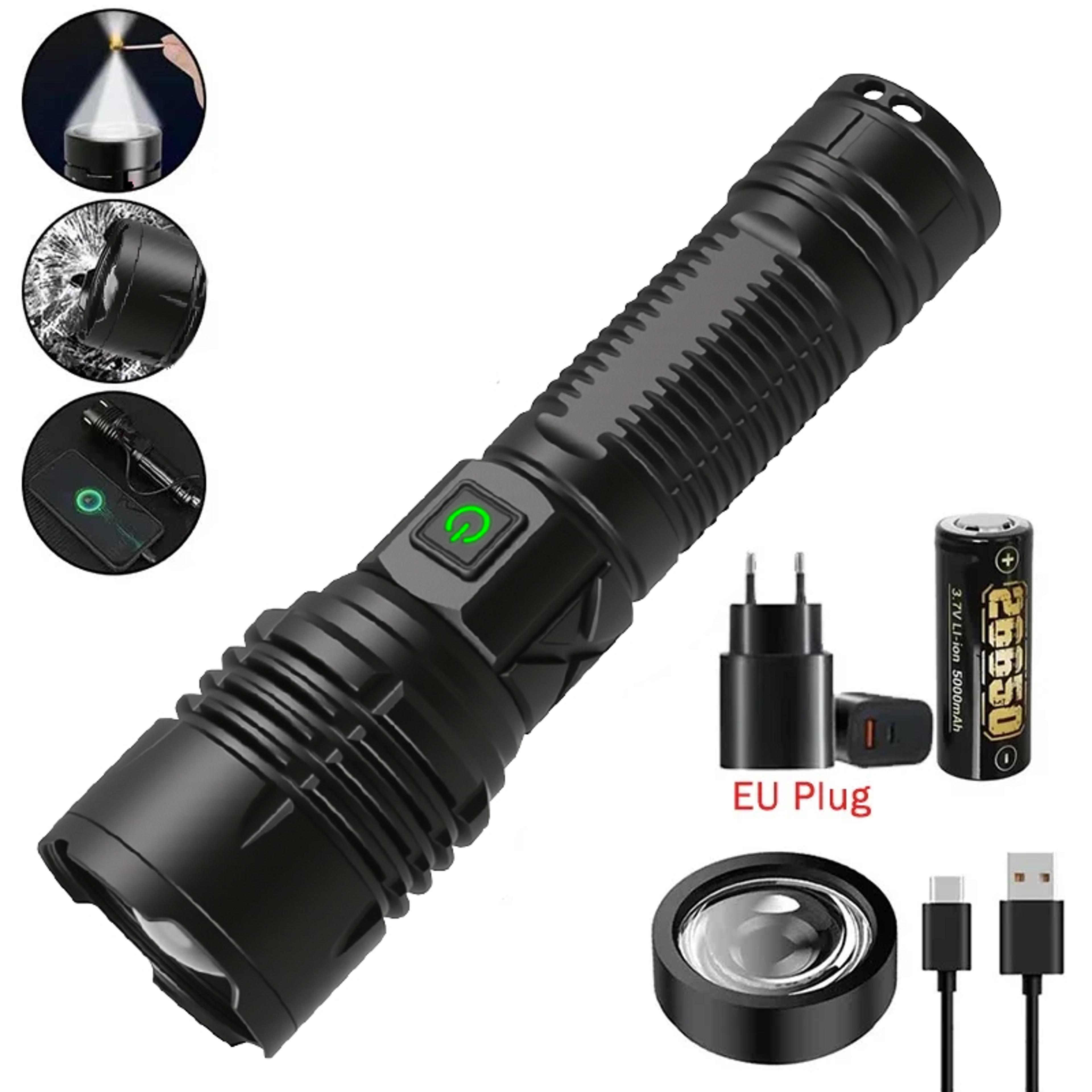 High Power LED Flashlight Rechargeable Type C Zoom Torch Window Breaker For Outdoor Camping  Hiking 8