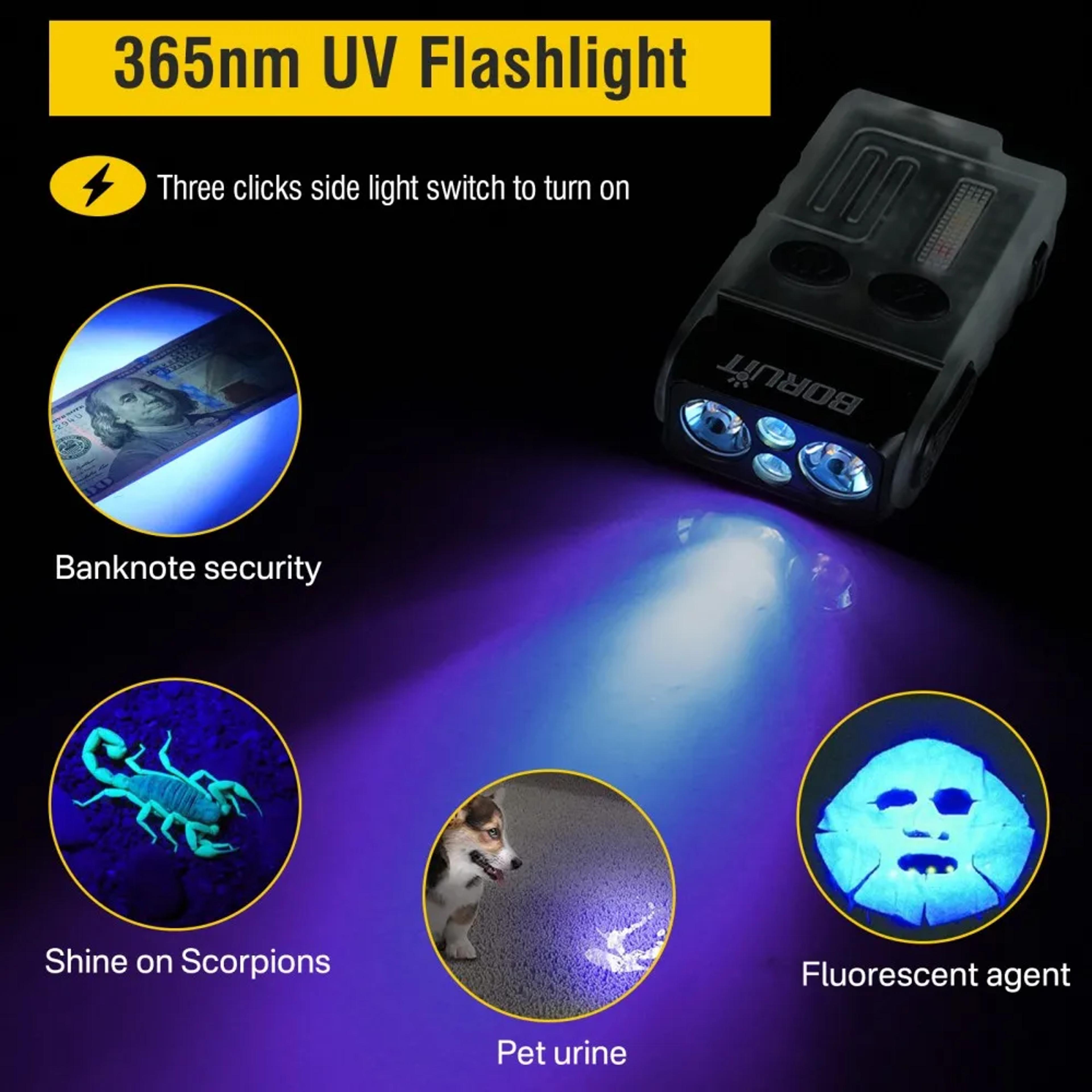keychain led uv flashlight rechargeable work light with clip, magnet, and buzzer ideal for camping, diy and outdoor