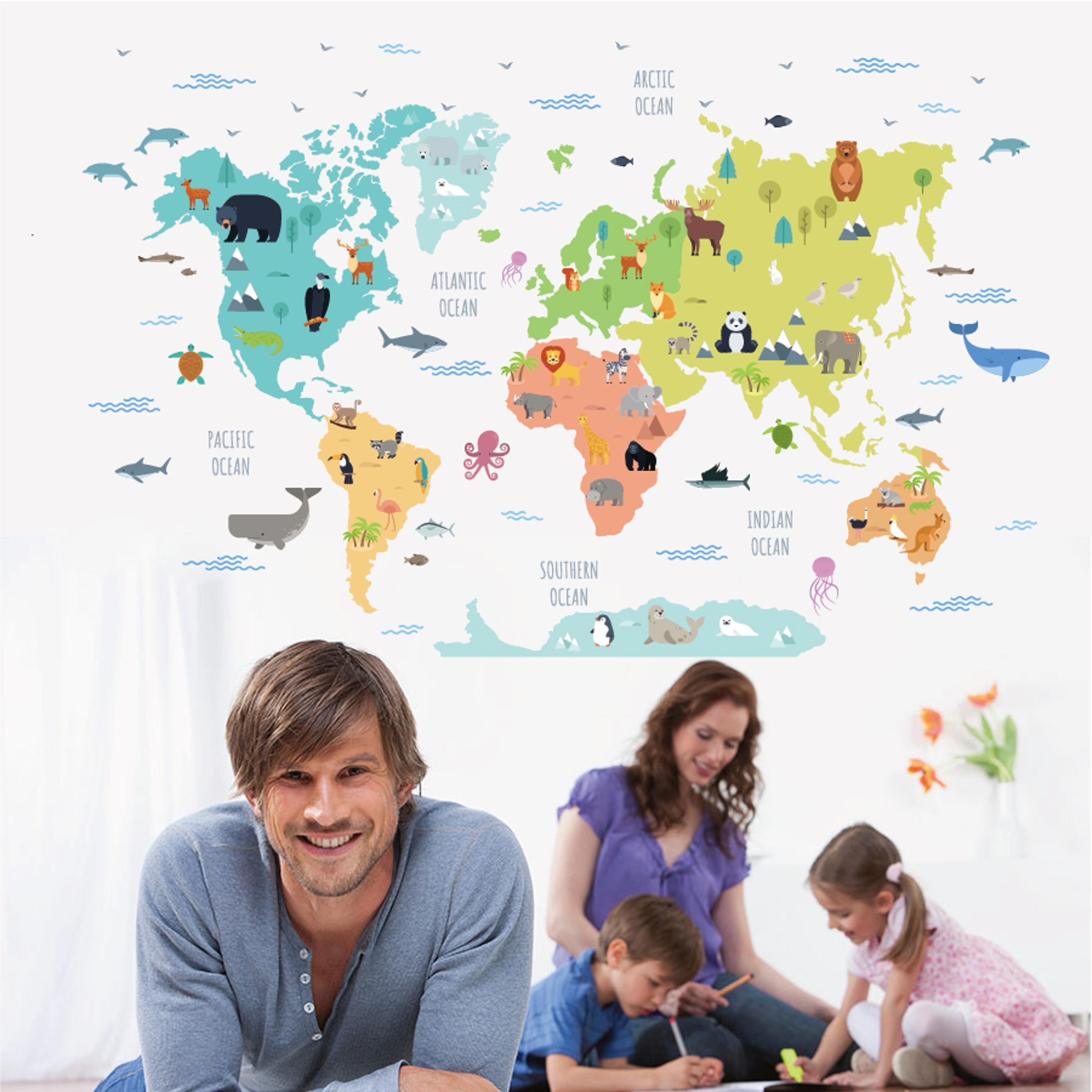 kids animal world map wall sticker educational nursery decor