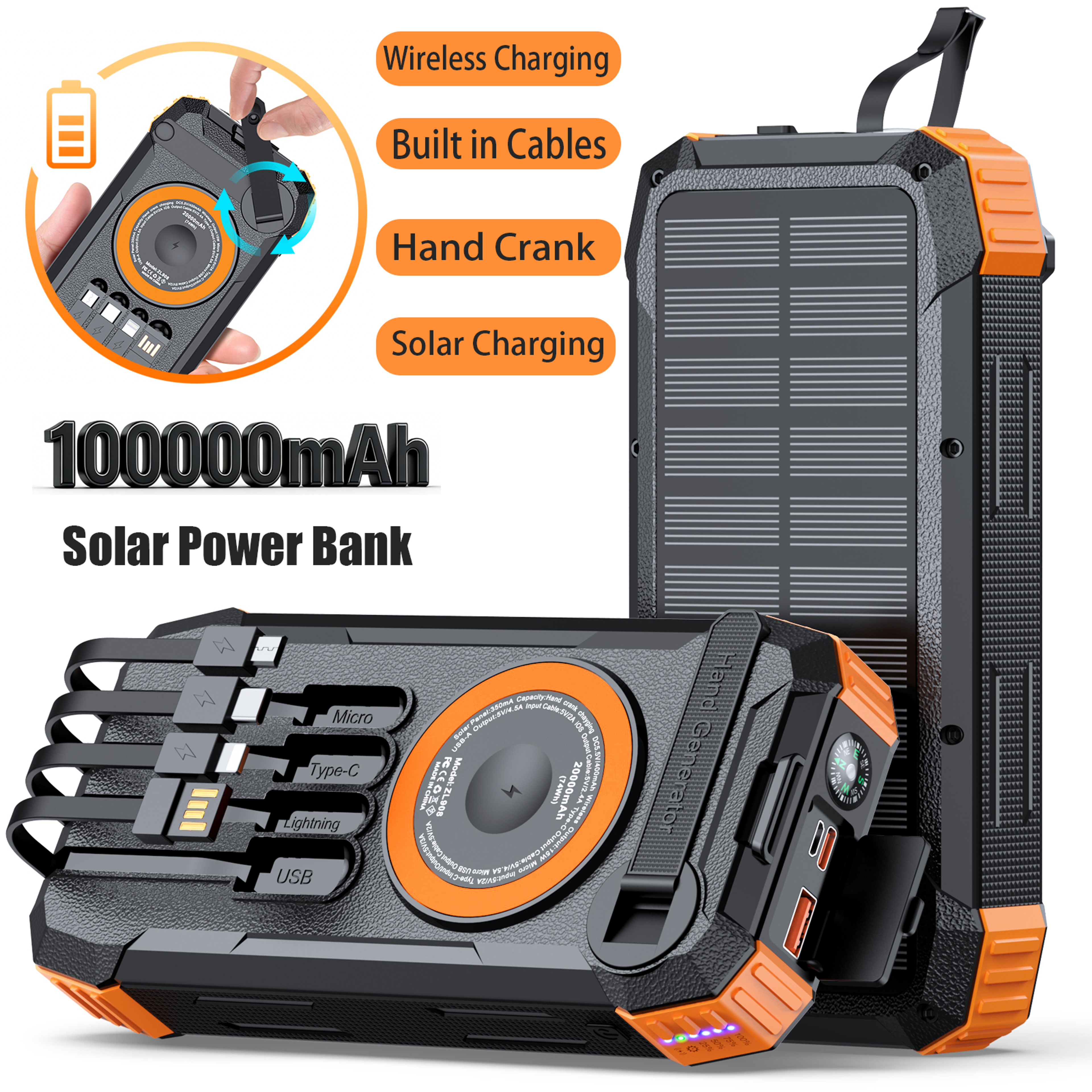 high capacity solar power bank with wireless charger & hand crank led light