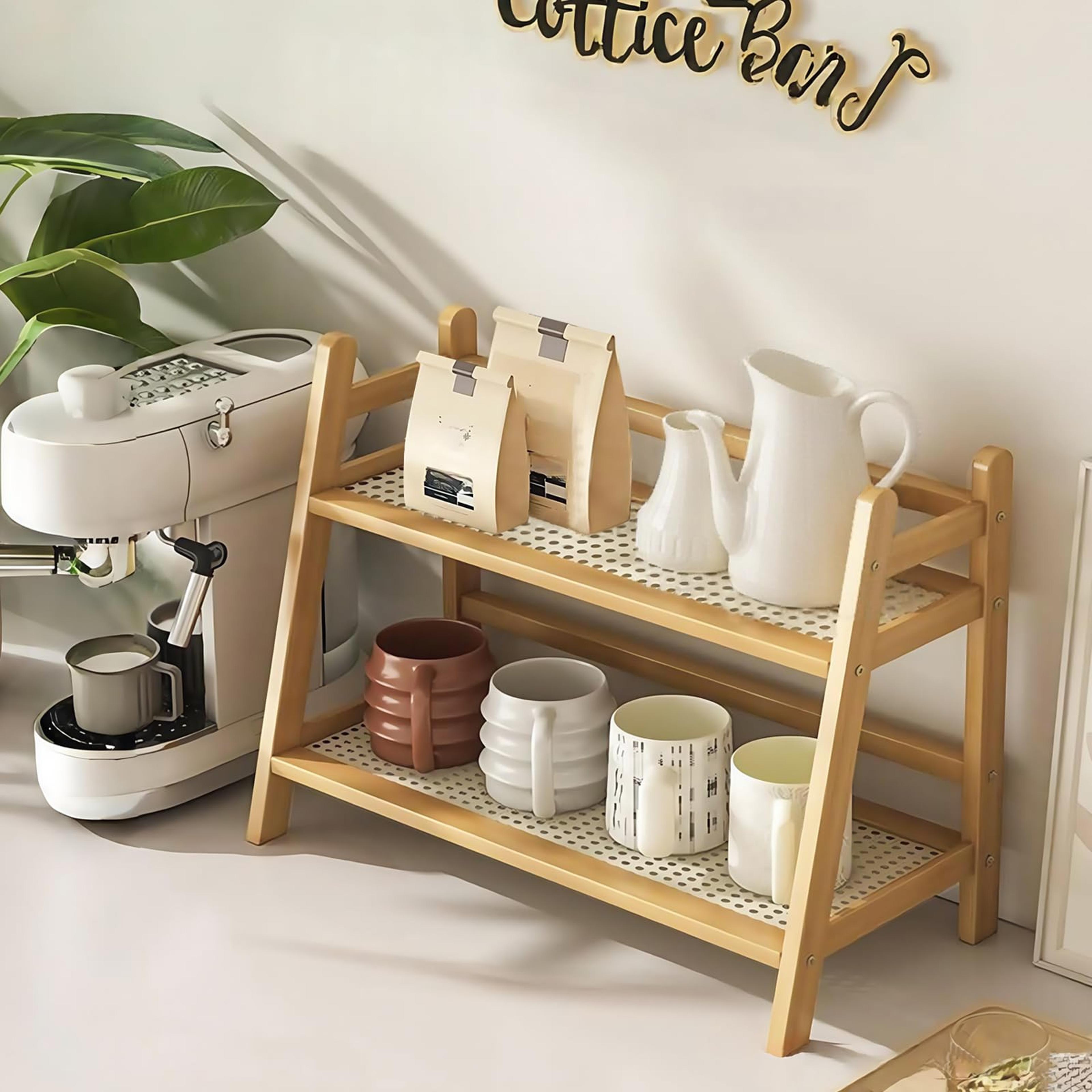 coffee station organizer with bamboo mug holder kitchen counter shelf