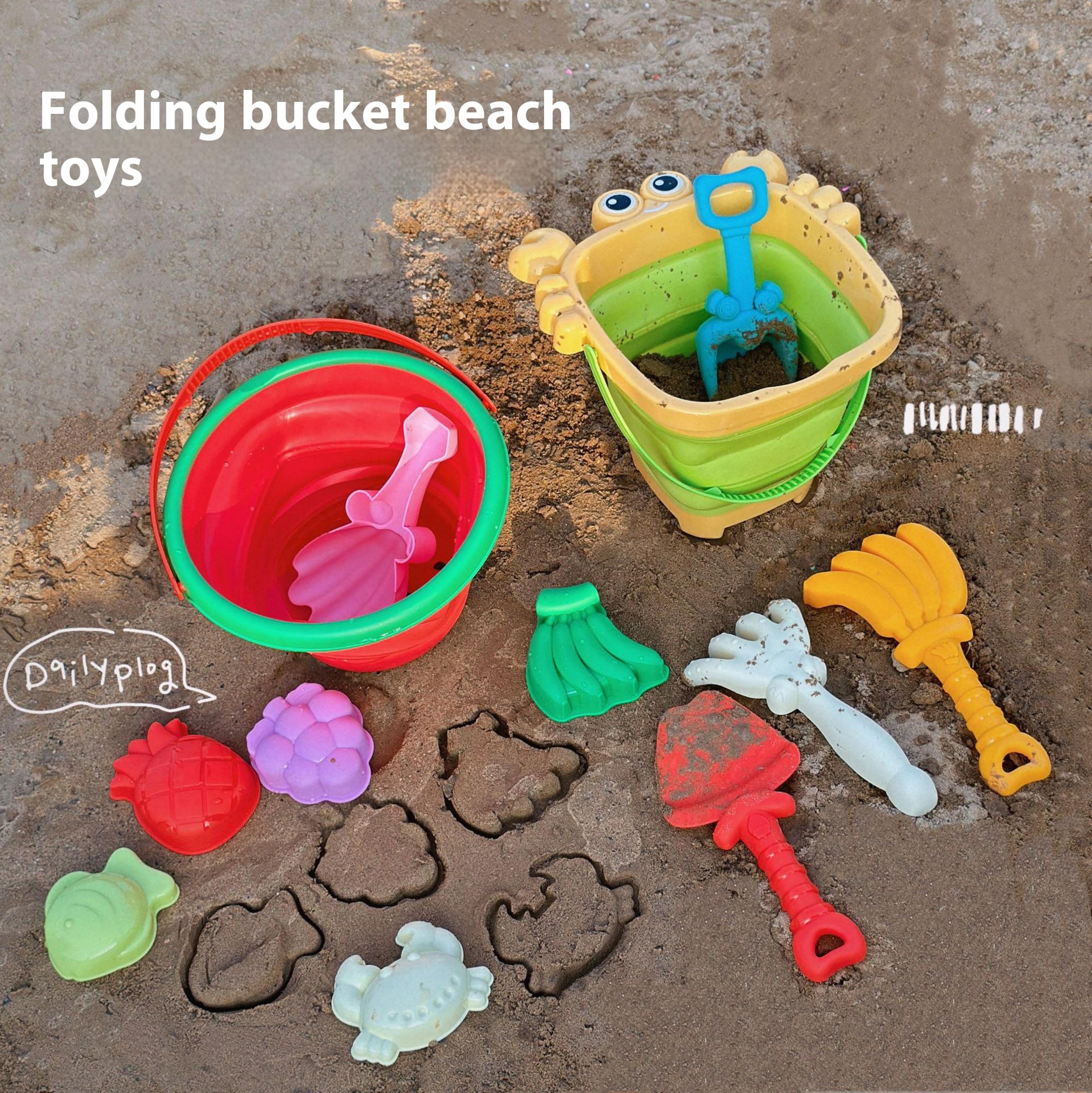 Foldable Beach Bucket Set With Sand Molds  Travel Friendly Kids Sand Toys 3