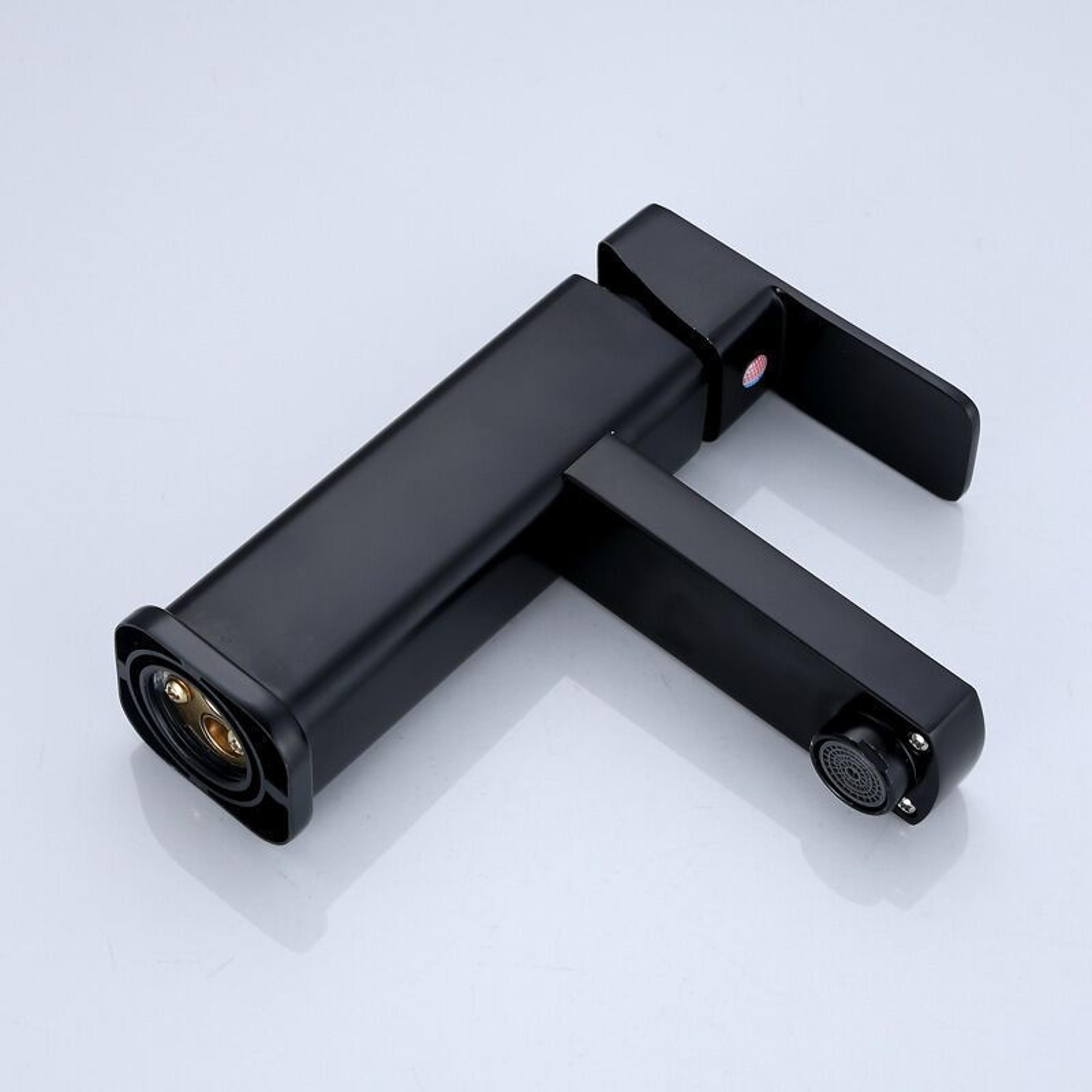 Matte Black Bathroom Faucet Hot Cold Mixer Tap Square Deck Mounted Basin Faucet 4