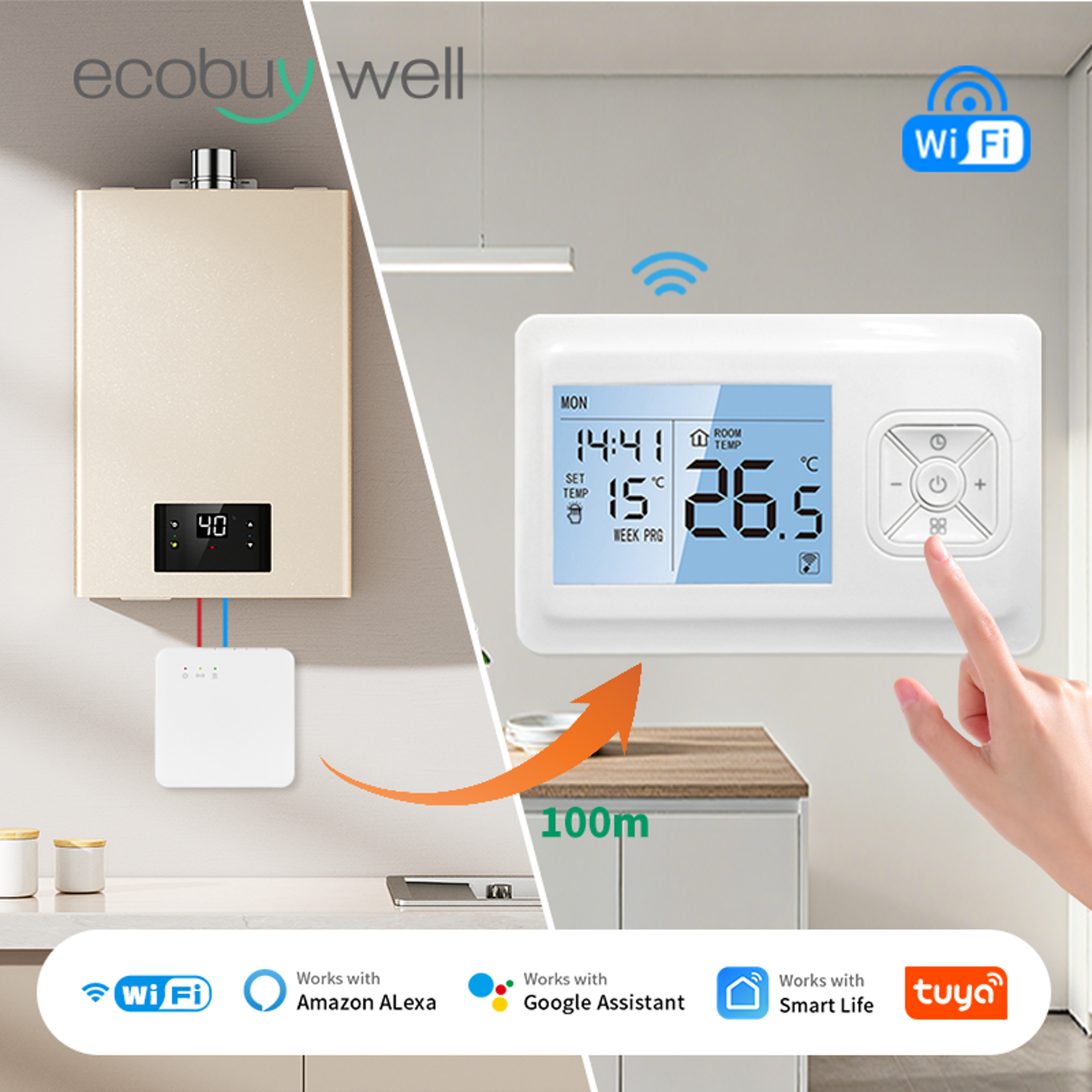 smart wifi thermostat for gas boiler with tuya alexa control battery powered