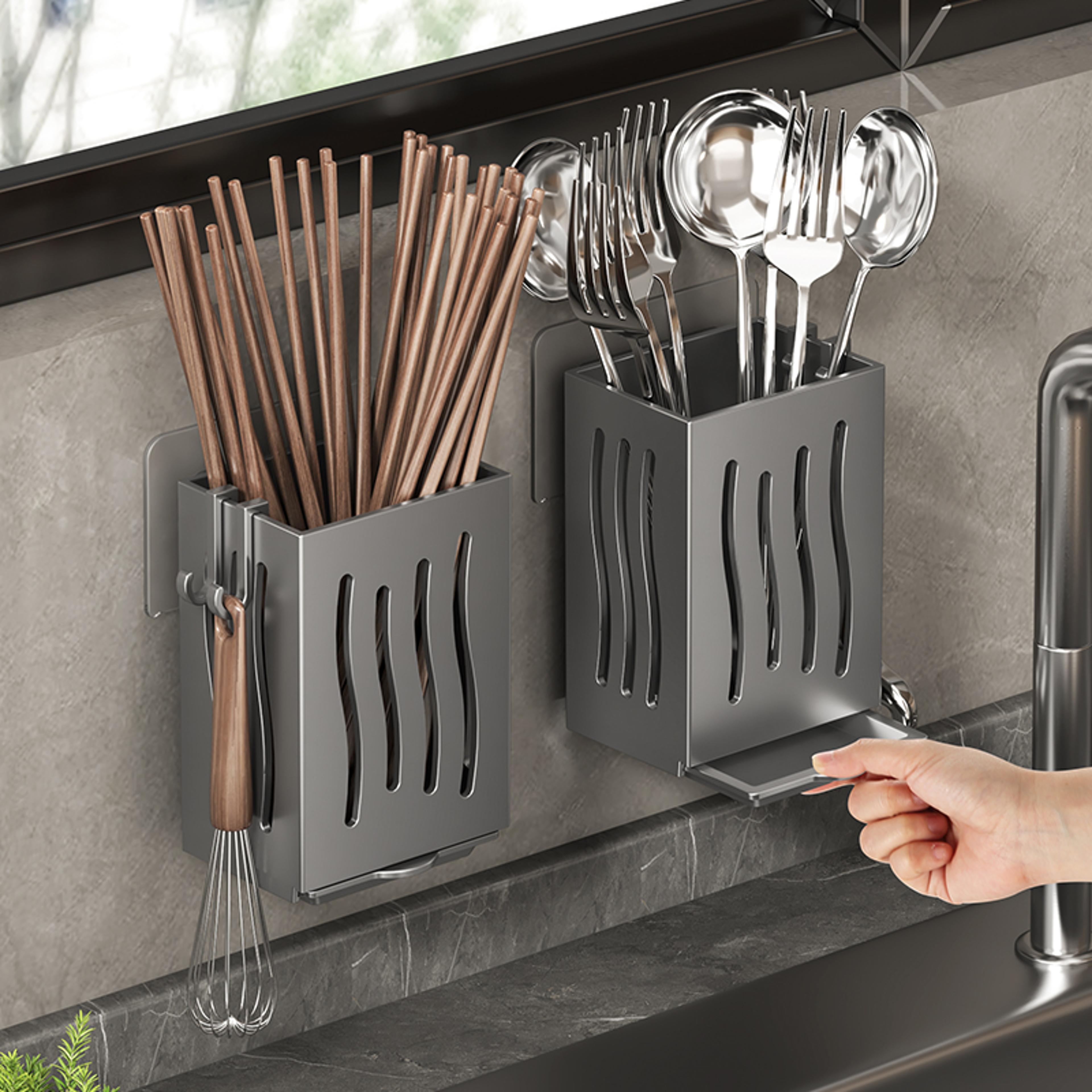 wall mounted chopsticks holder no drill kitchen utensil organizer with drainage