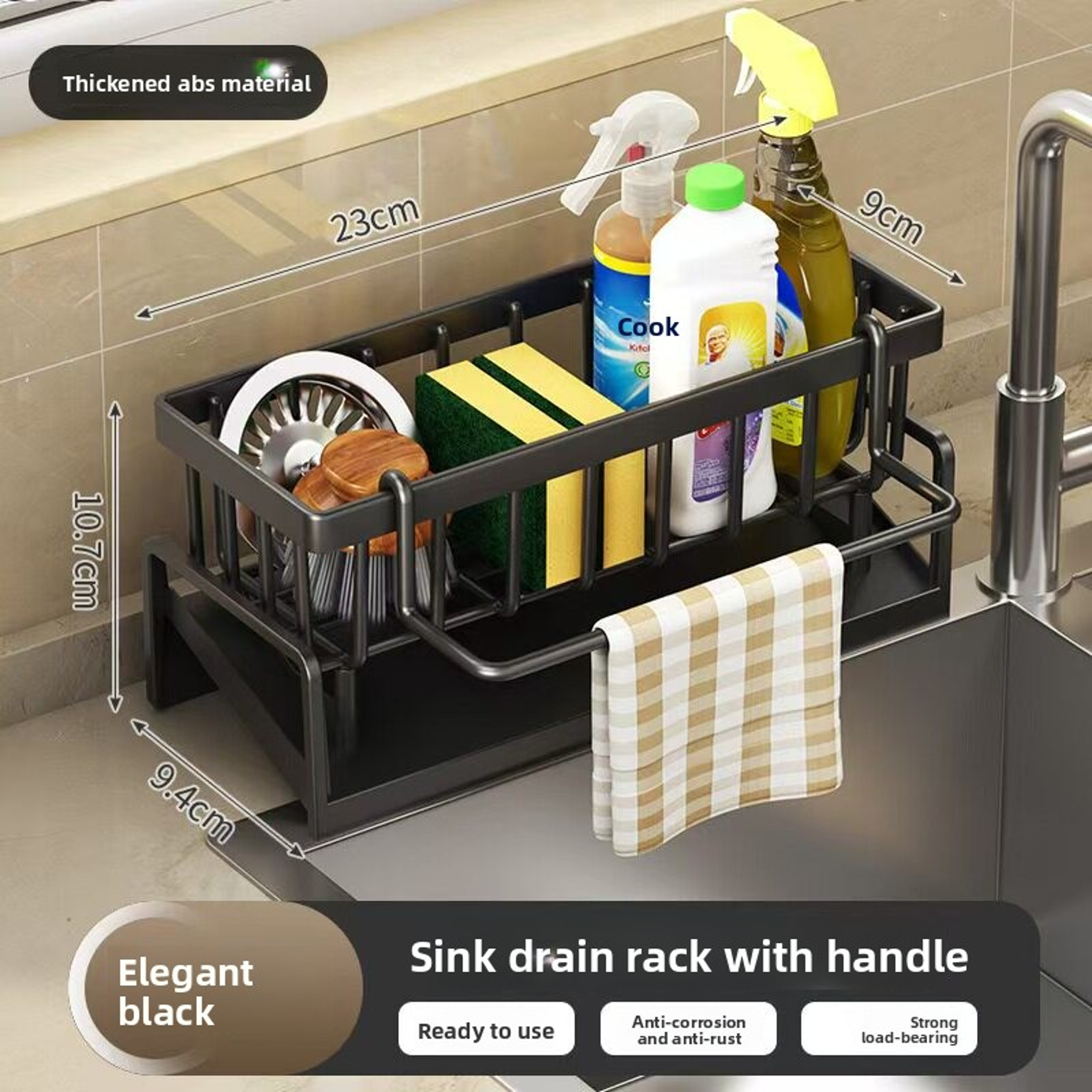 No Drill Sink Organizer Rack With Drain Tray  Cloth Holder For Kitchen Storage 4