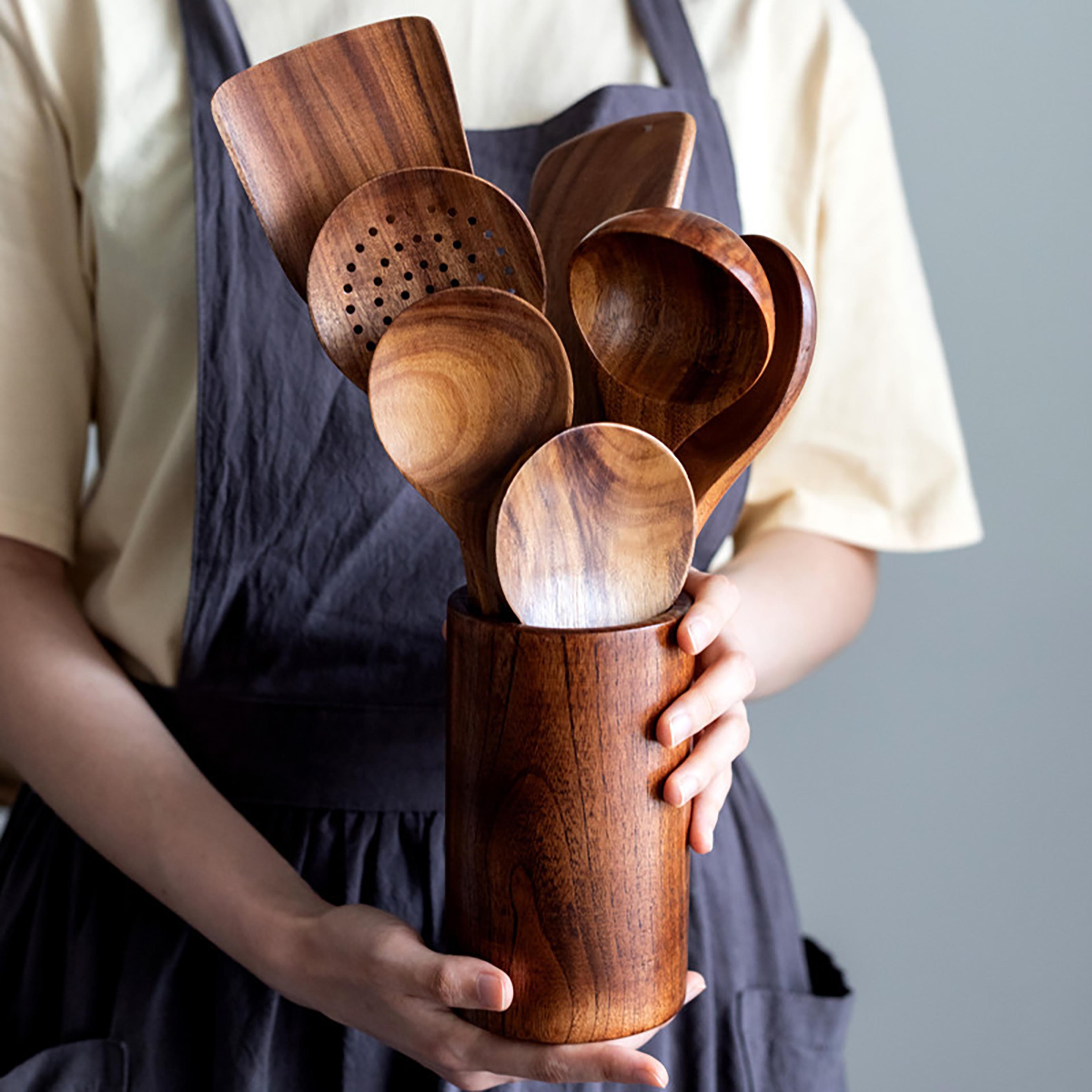 acacia wood kitchen utensil set with holder for cooking, baking & serving