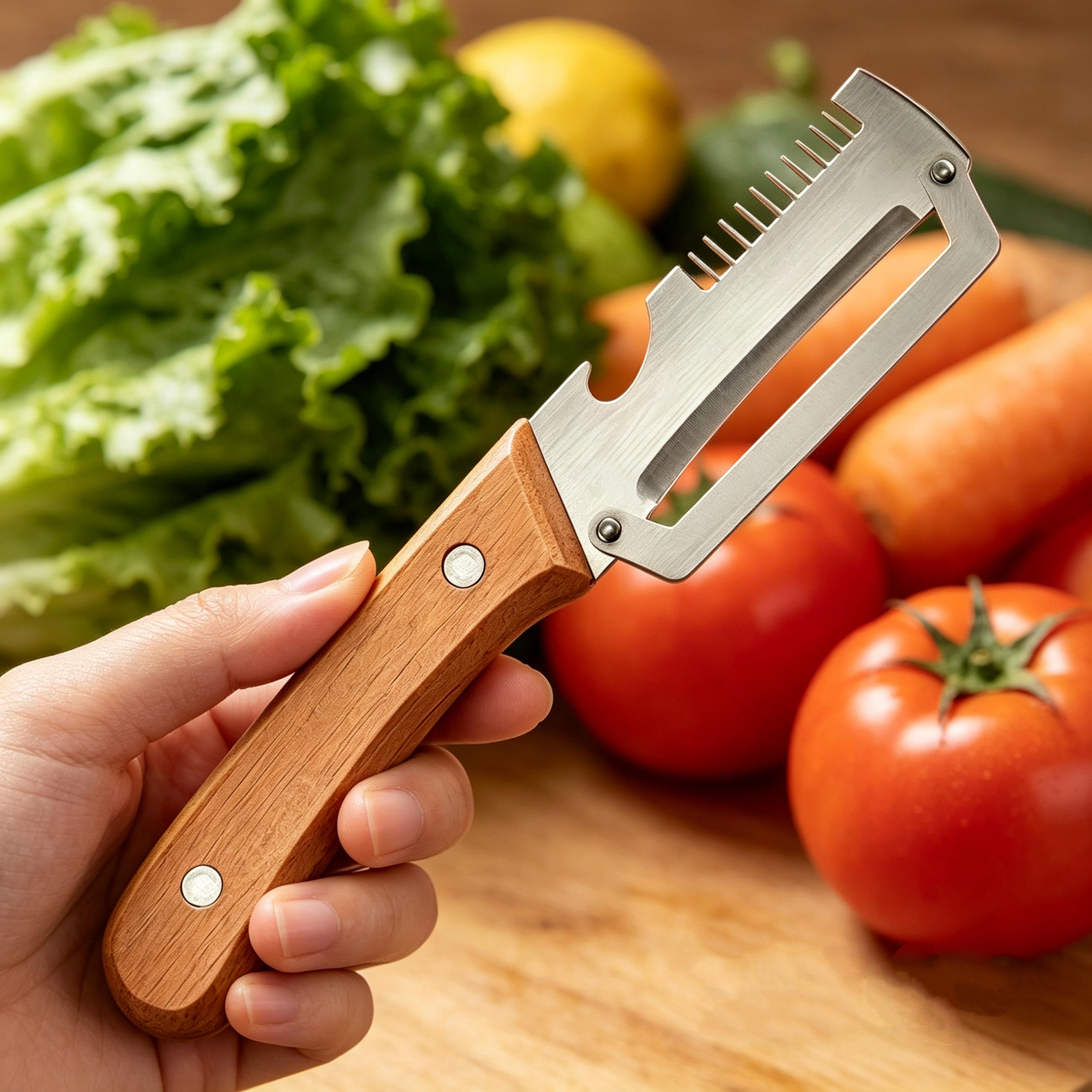 wooden handle vegetable peeler and fruit slicer for smooth kitchen prep