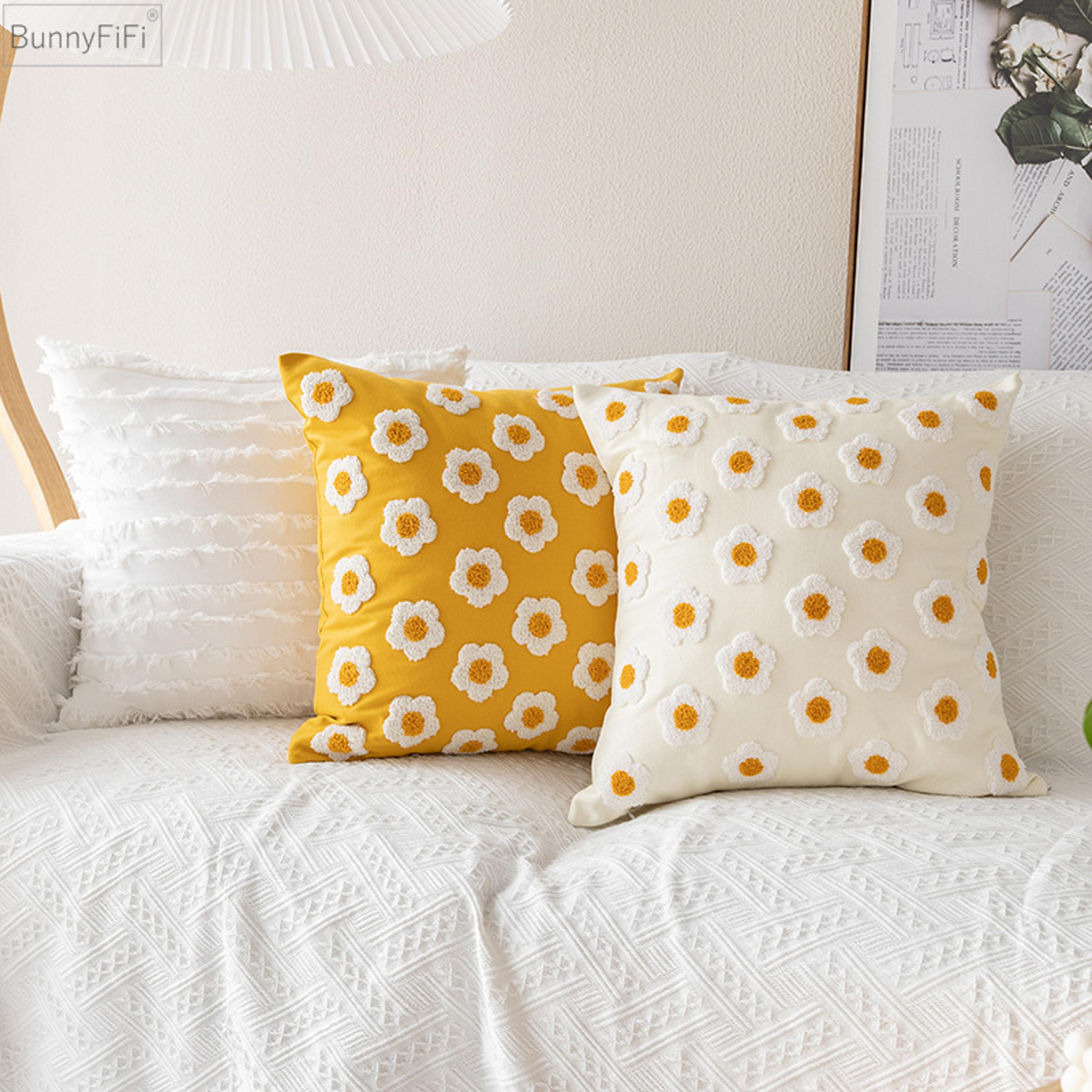 embroidered daisy floral cushion cover soft cozy throw pillow case for sofa and living room