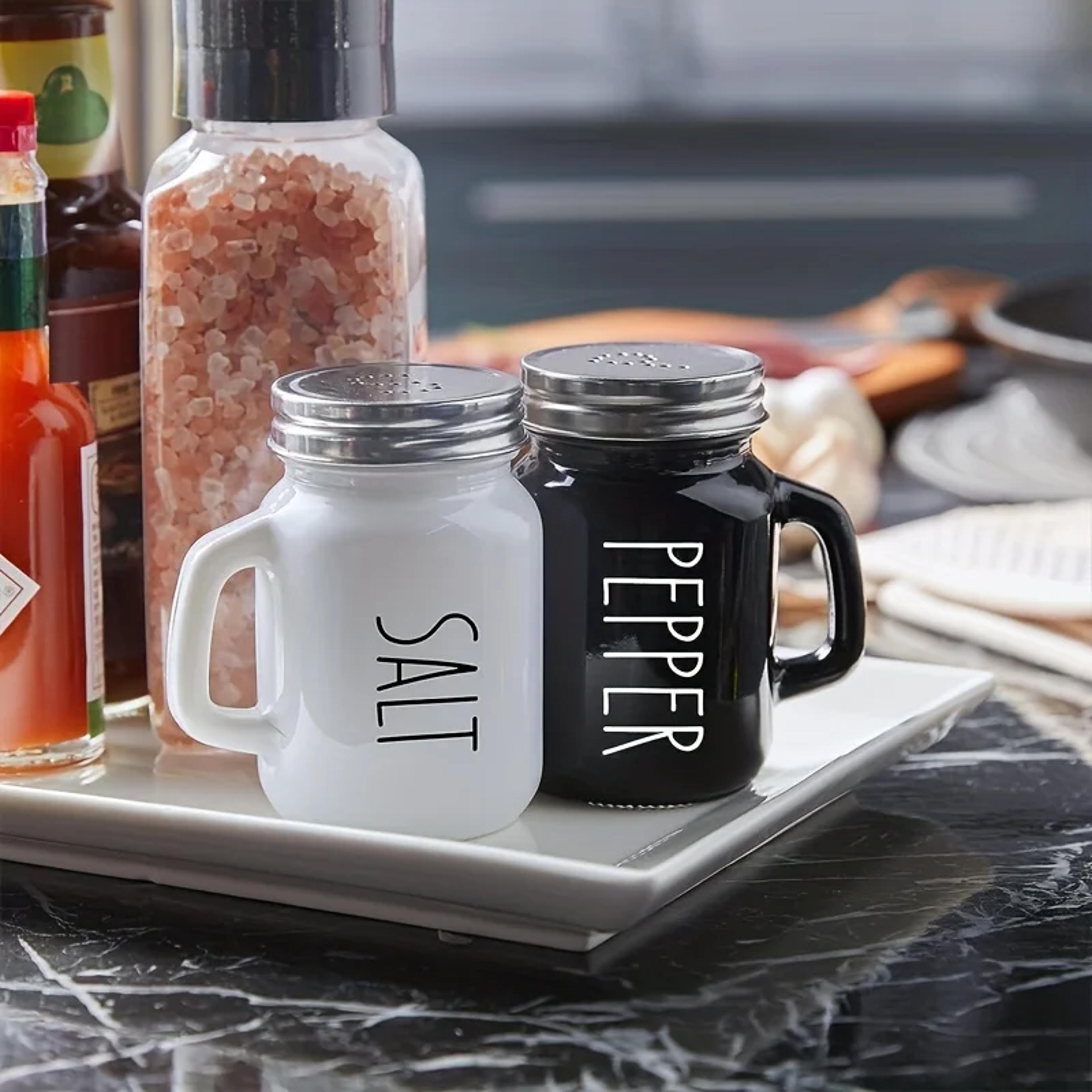 vintage glass salt and pepper shaker set with black & white tops kitchen seasoning duo