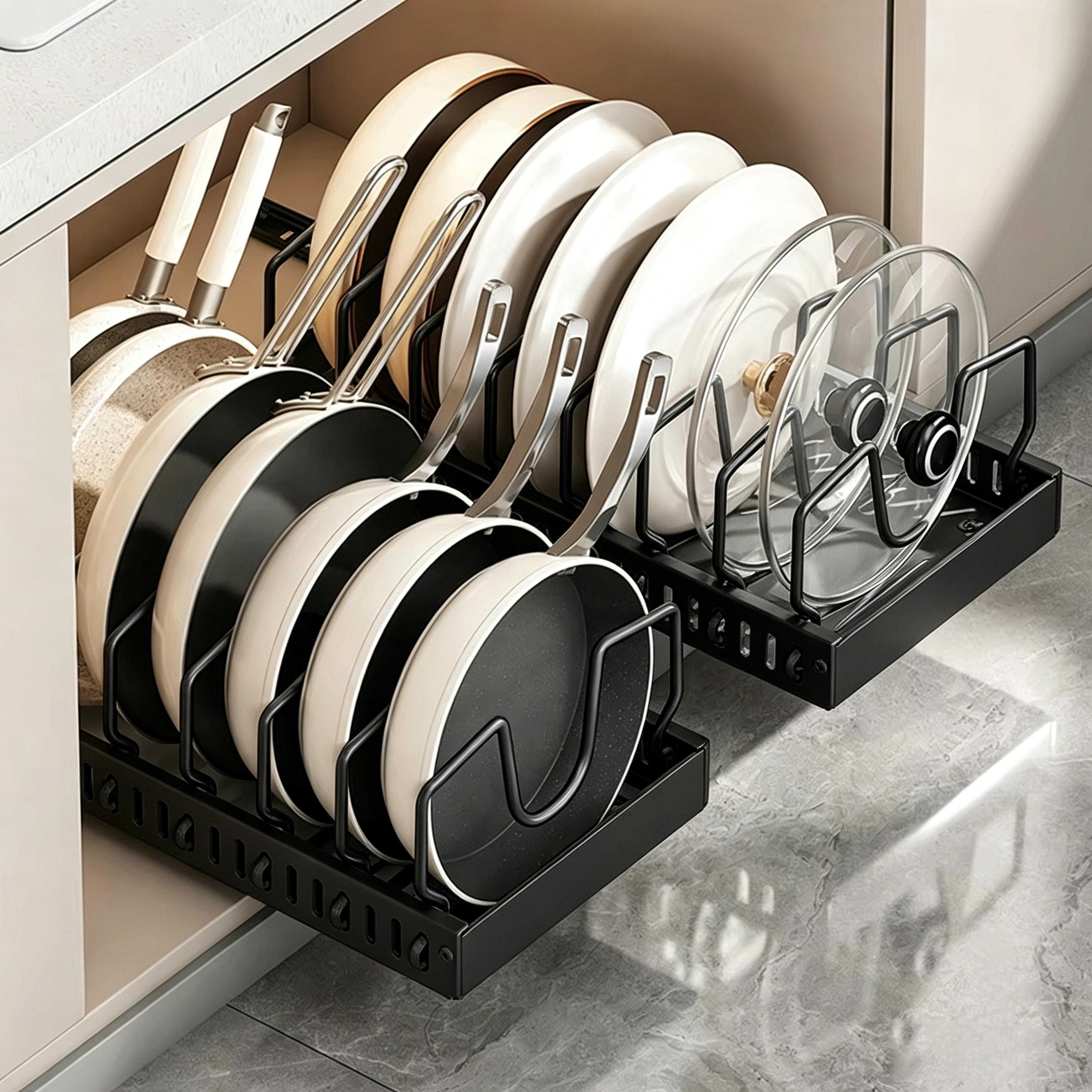SlideEase Pull Out Pots And Pans Organizer With Adjustable Dividers For Kitchen Cabinets 0