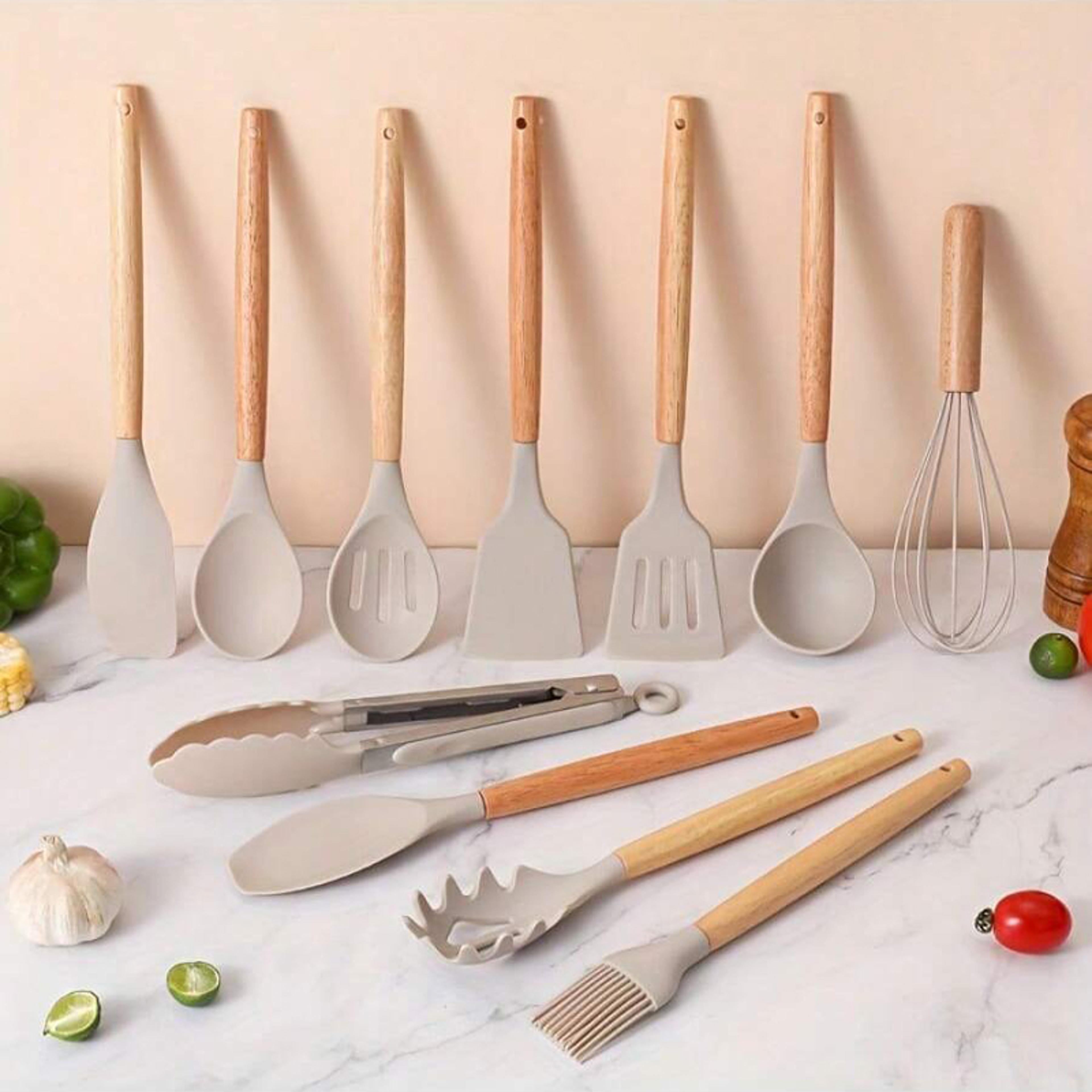 silicone kitchen utensils set with wooden handles for non stick cookware