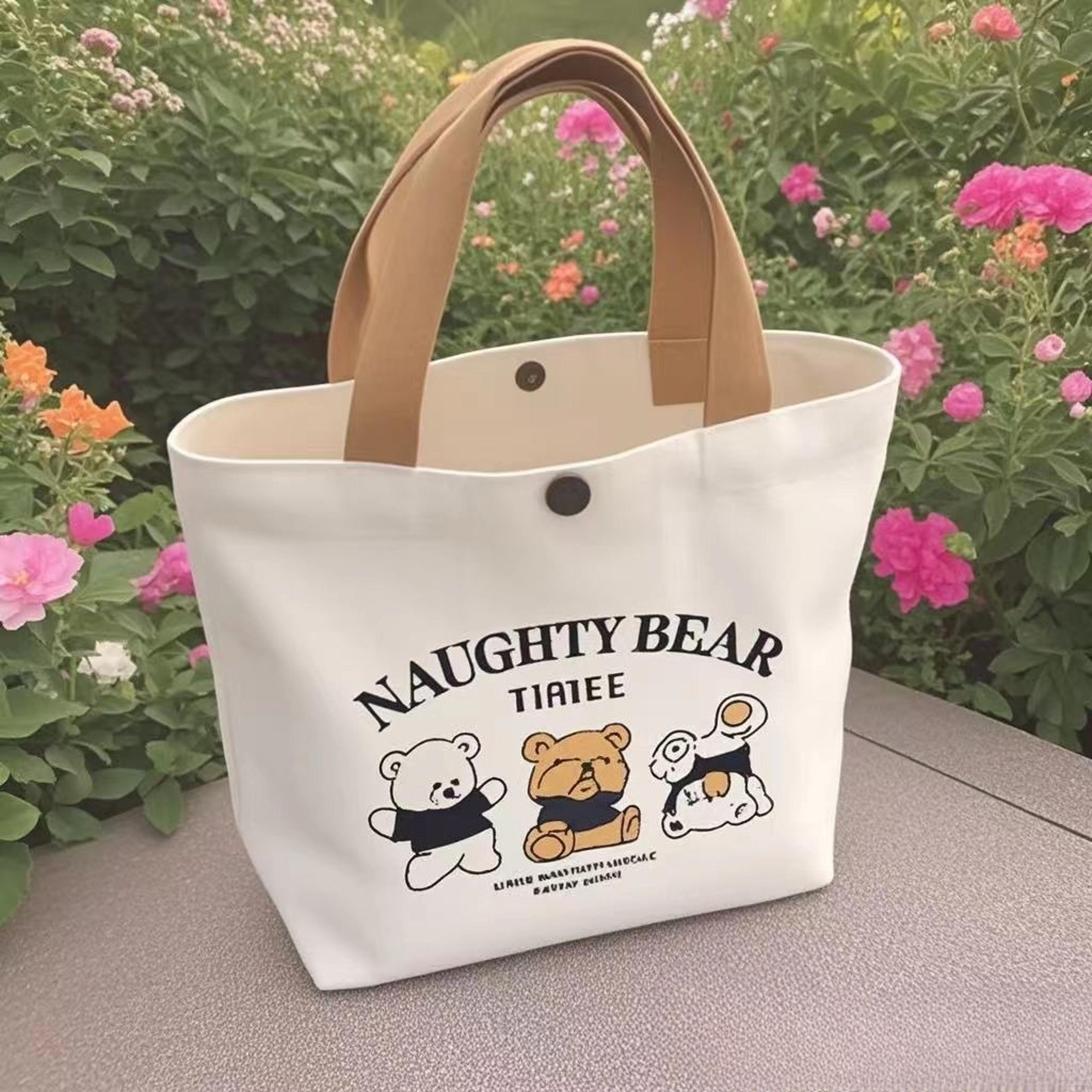 cute bear canvas tote bag for women portable student tote bag & lunch handbag