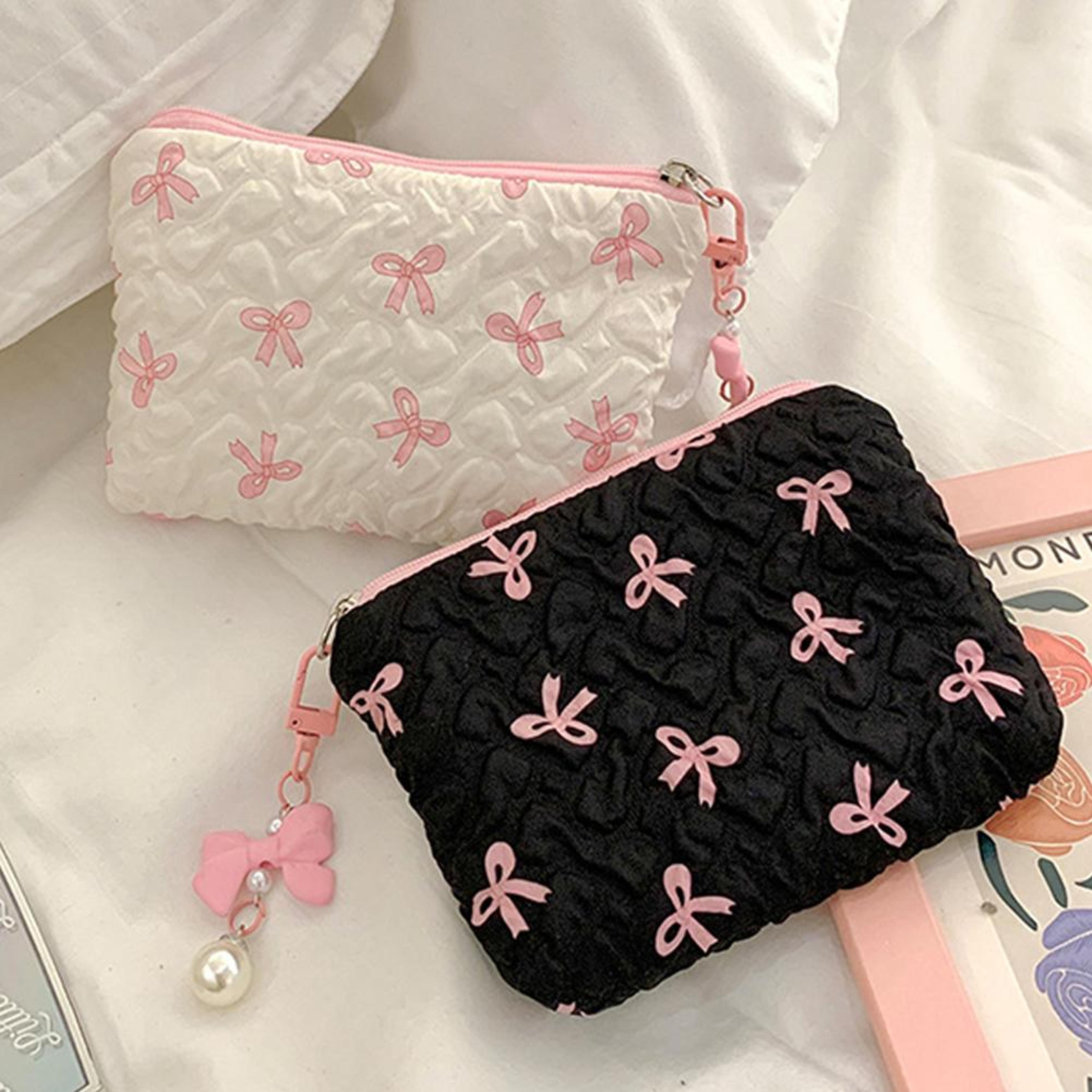 large capacity canvas makeup bag with bow travel cosmetic organizer pouch for toiletries & beauty essentials