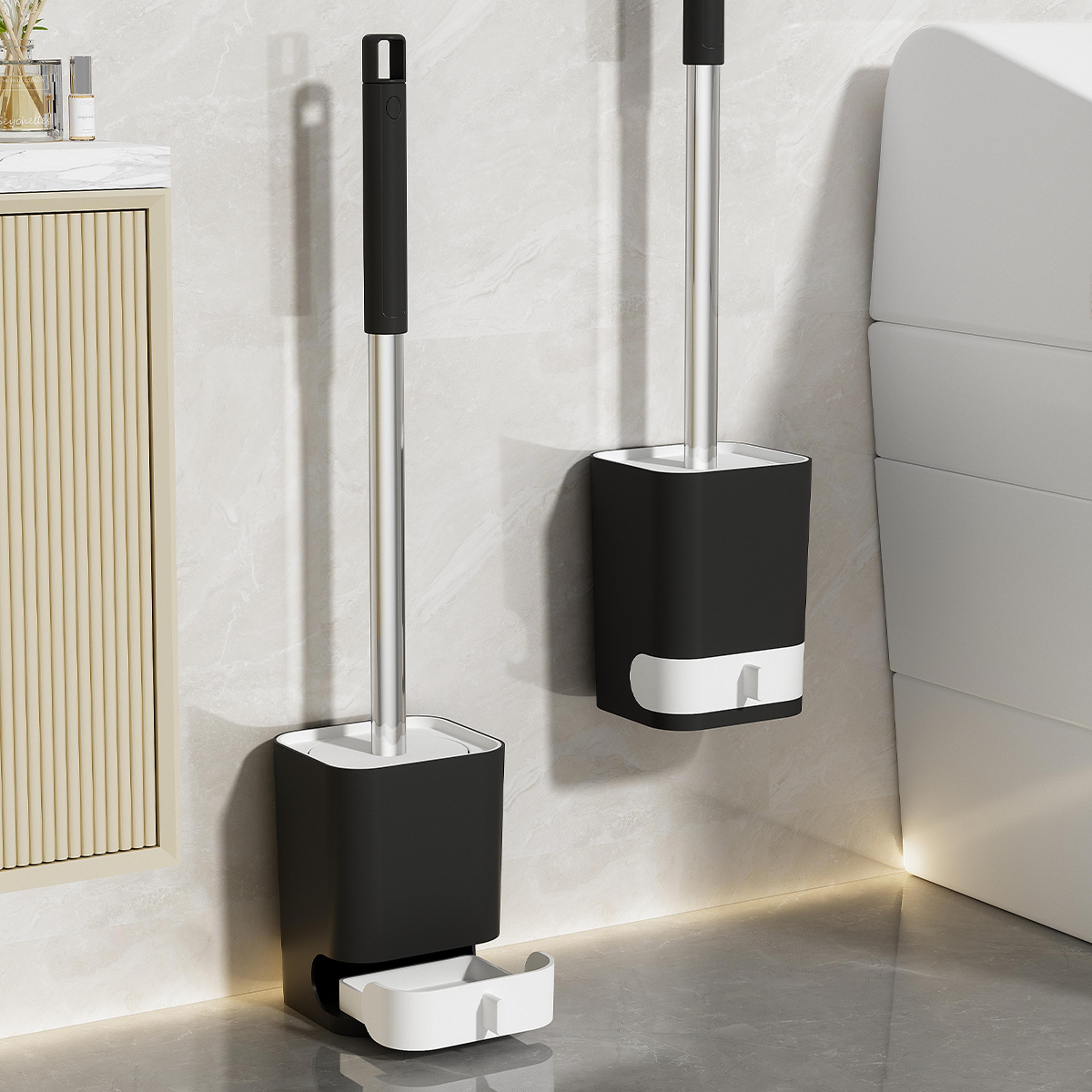 wall mounted toilet brush with self draining holder long handle bathroom cleaning brush