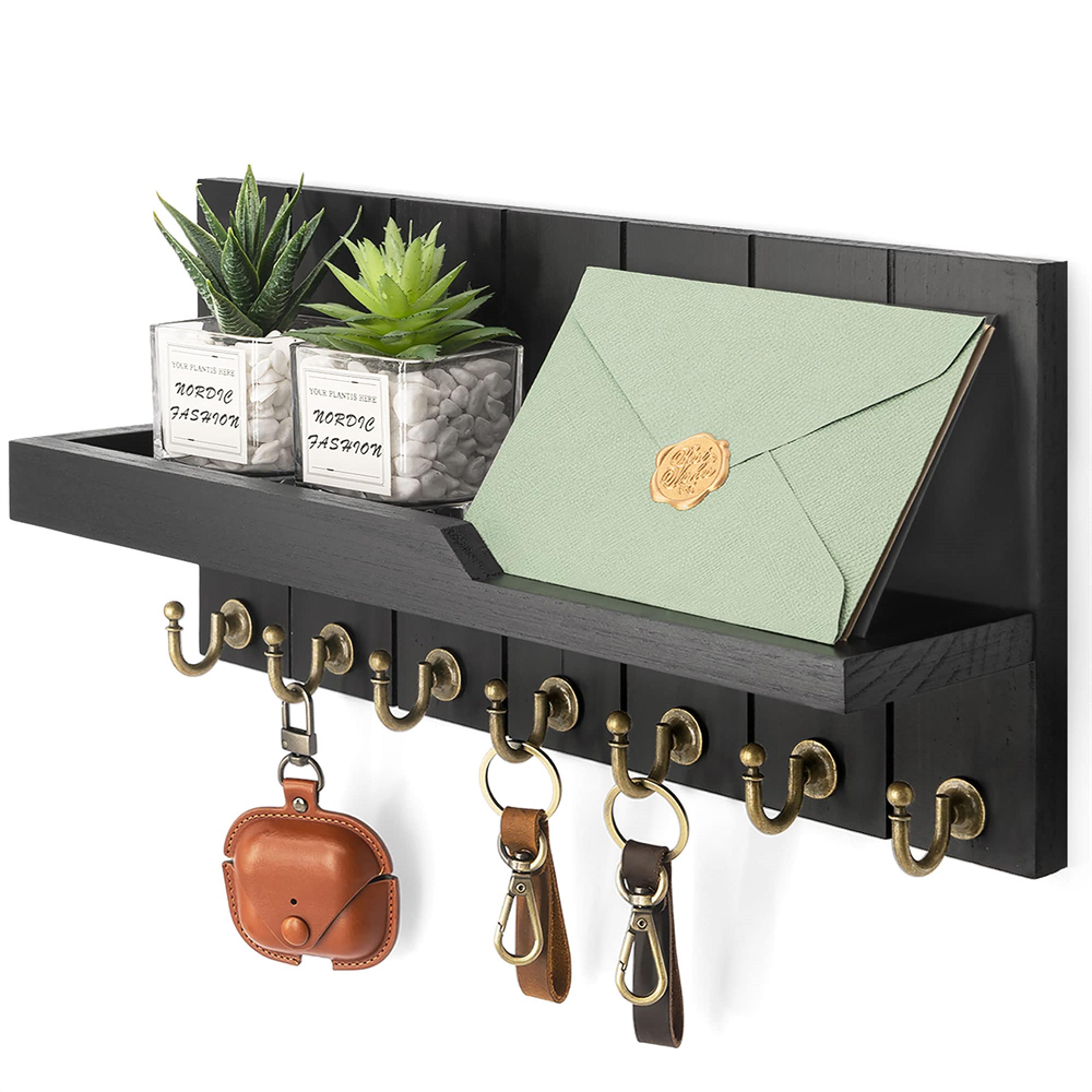 Rustic Wall Key Holder With Shelf  Hooks Entryway Mail Organizer 0