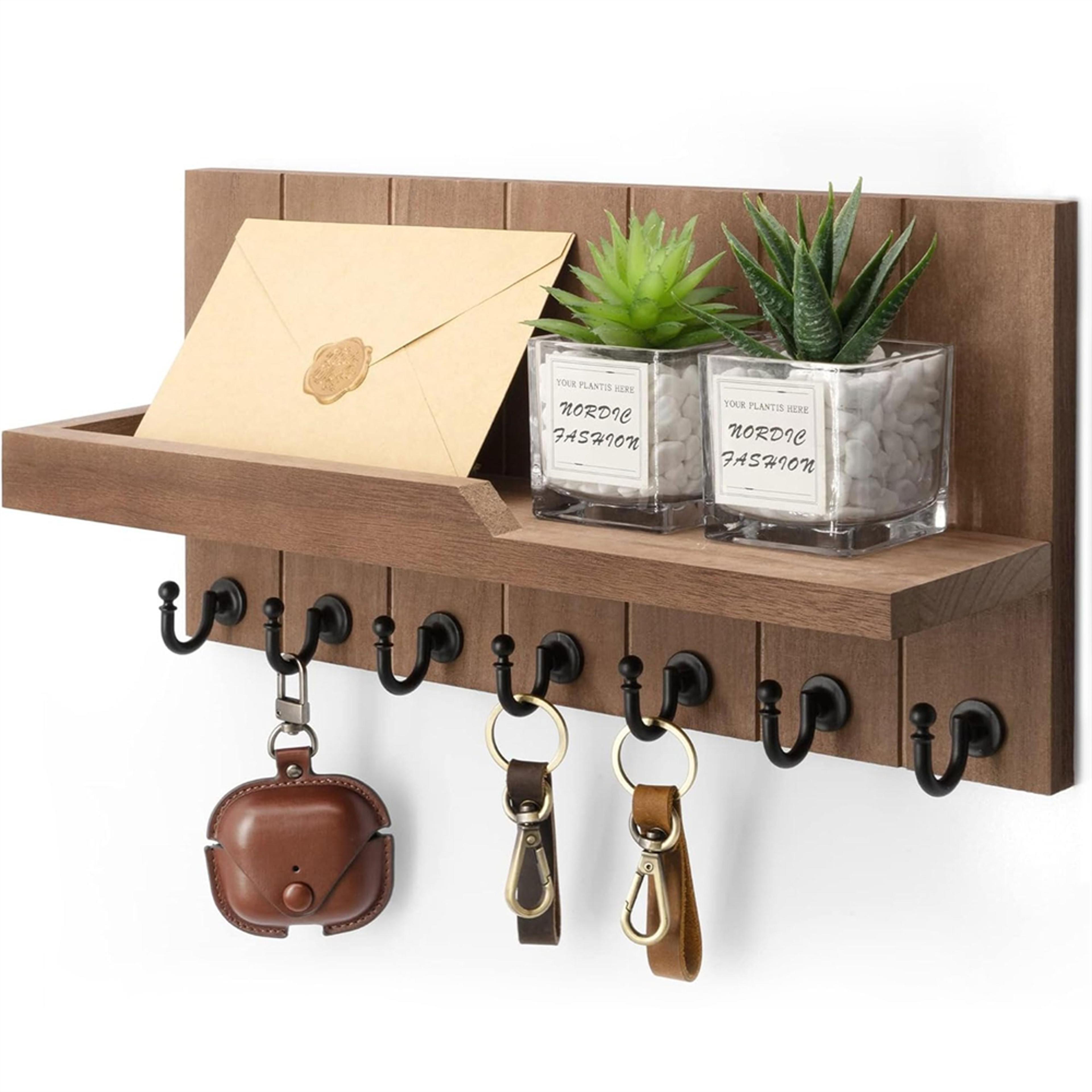 Rustic Wall Key Holder With Shelf  Hooks Entryway Mail Organizer 8