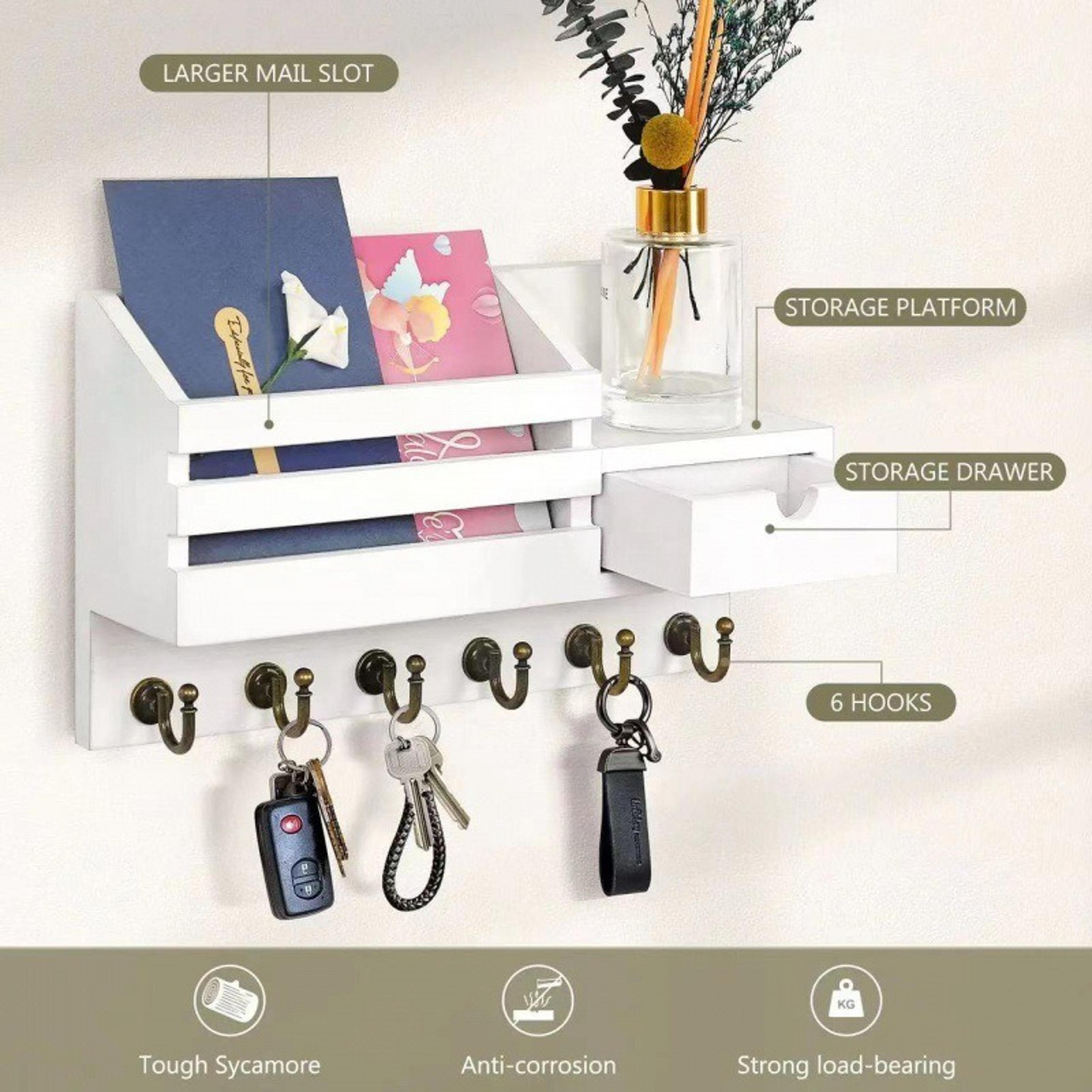 Wooden Wall Mounted Key Holder With Mail Organizer Shelf And 6 Hooks 2