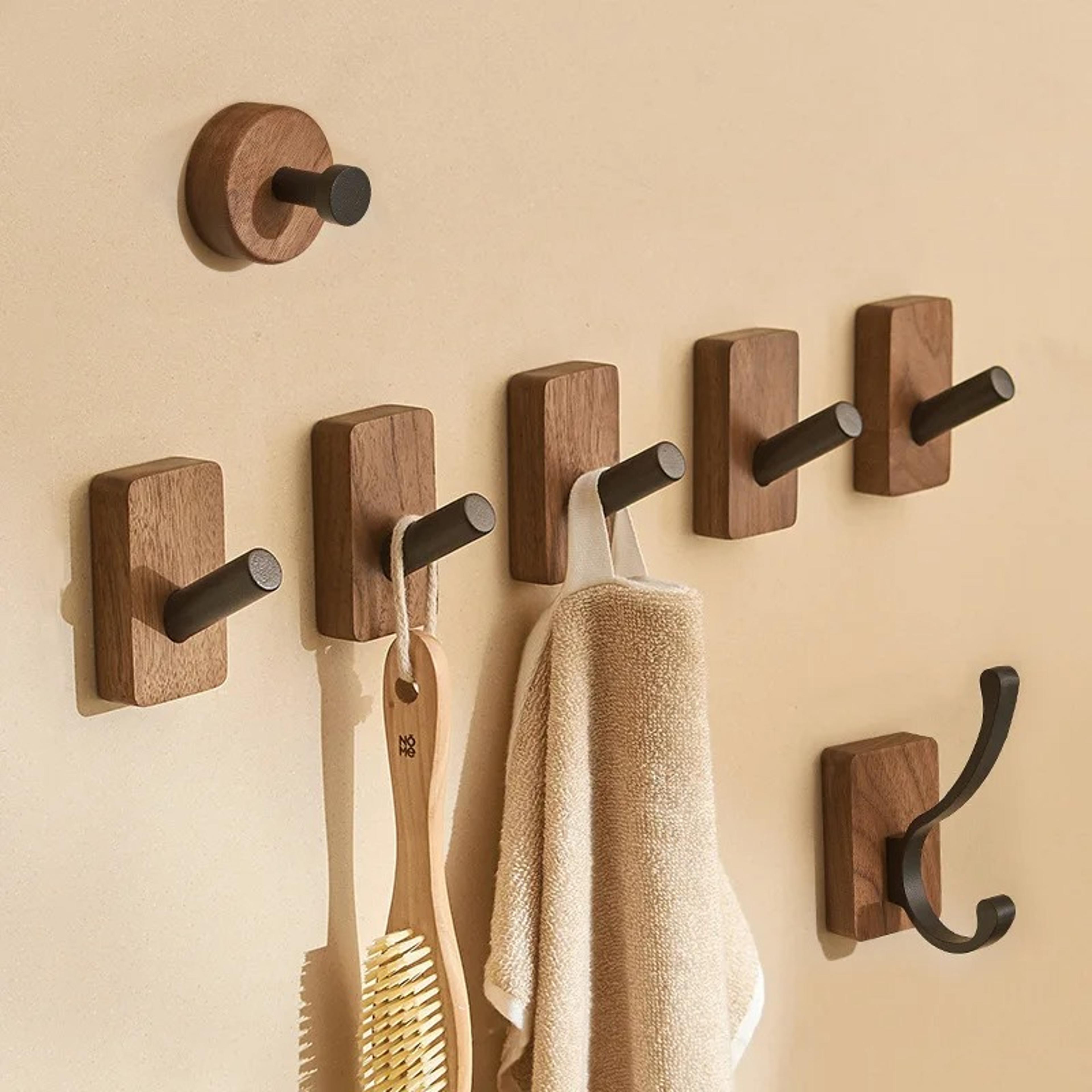 Walnut Self Adhesive Wall Hook Solid Wood No Drill Towel Coat And Key Hanger 2