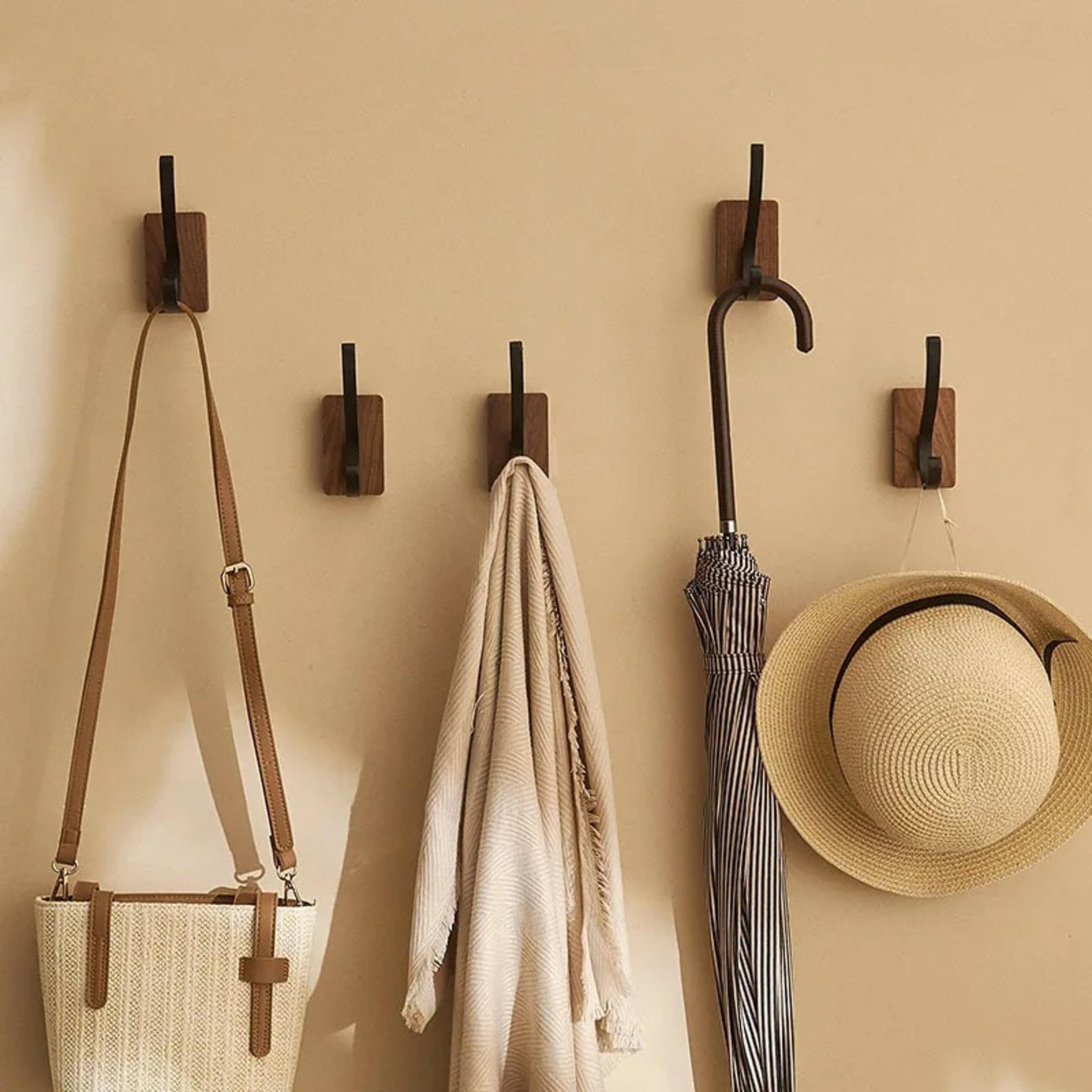 Walnut Self Adhesive Wall Hook Solid Wood No Drill Towel Coat And Key Hanger 3