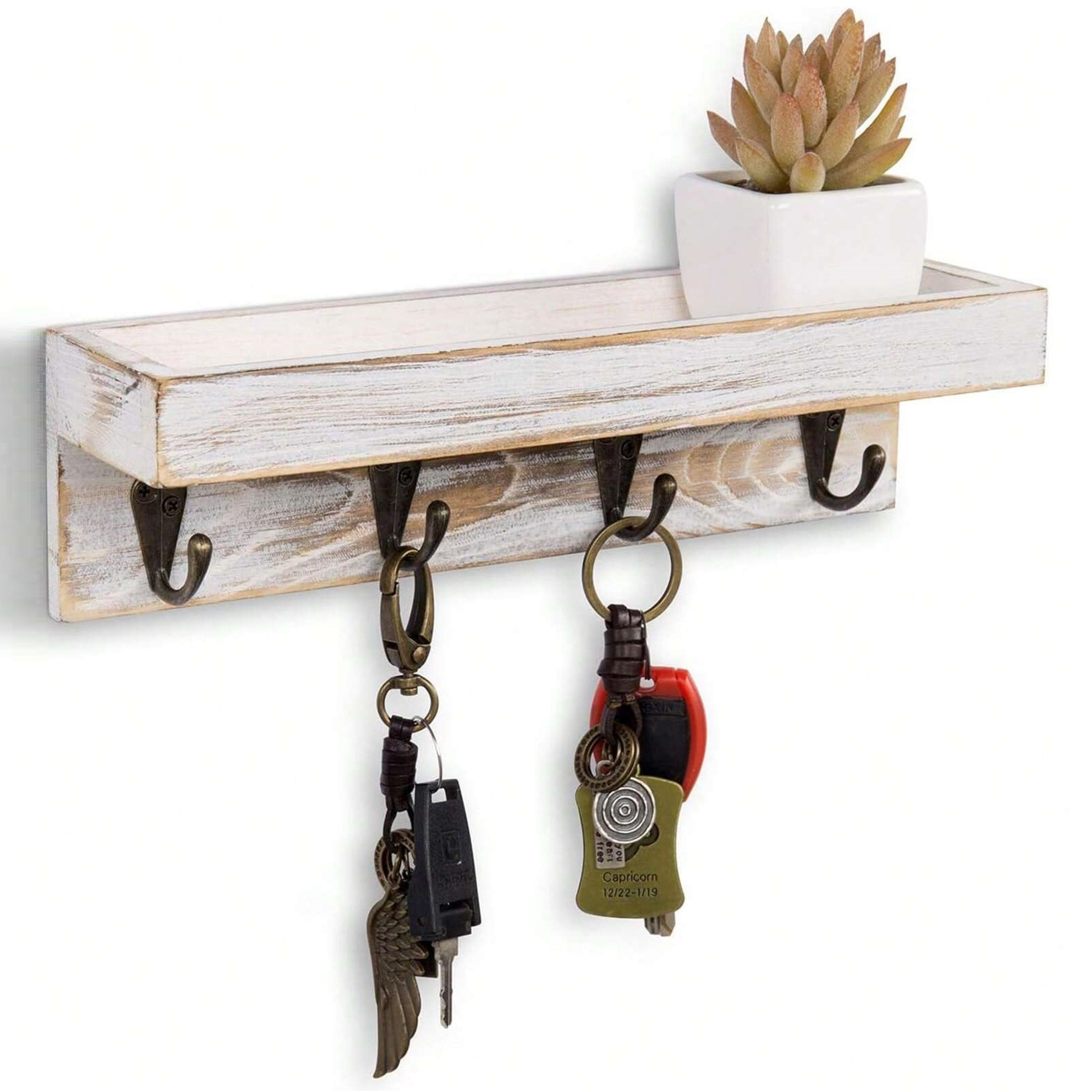 Rustic Wooden Key Holder For Wall With Shelf And Metal Hooks 6