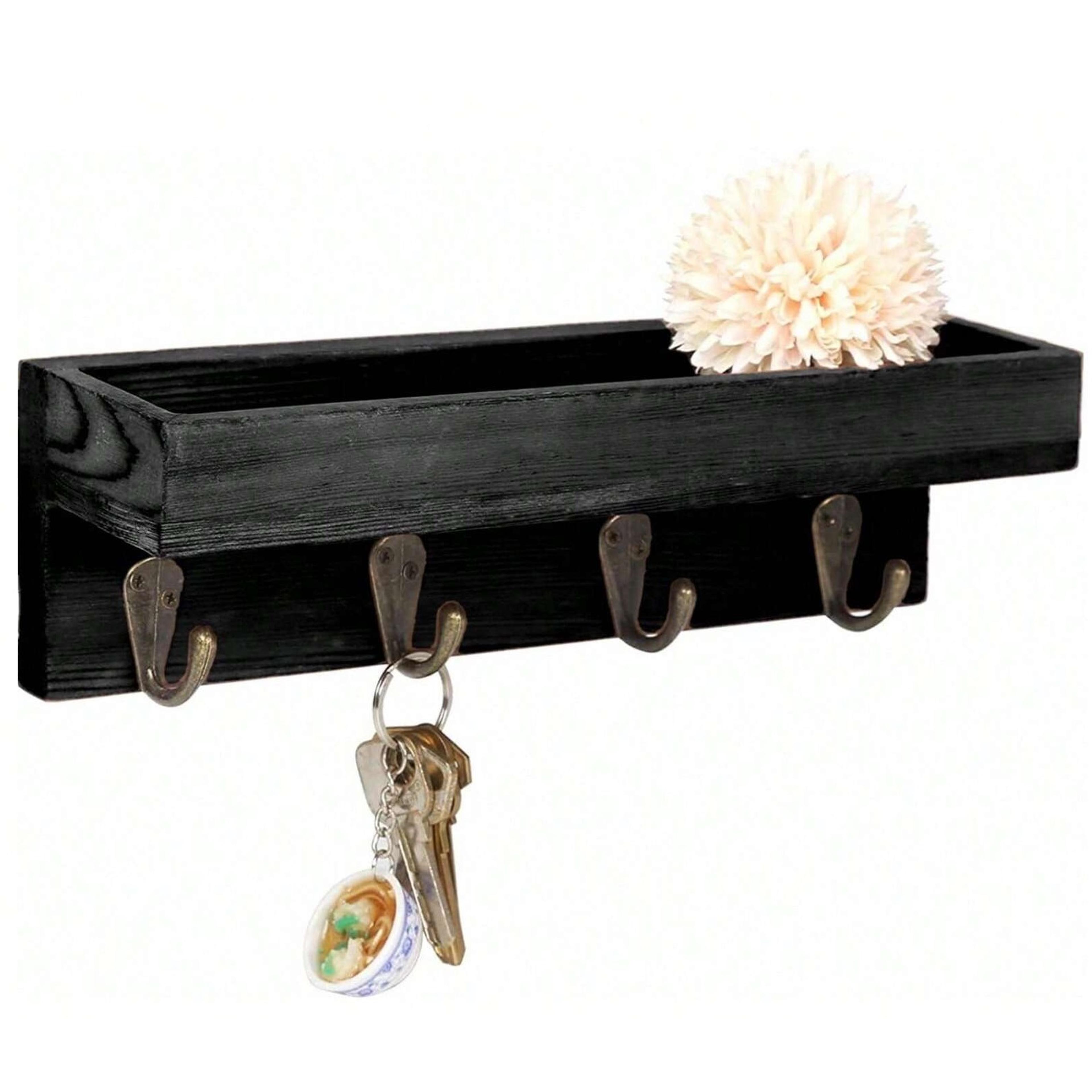 Rustic Wooden Key Holder For Wall With Shelf And Metal Hooks 8