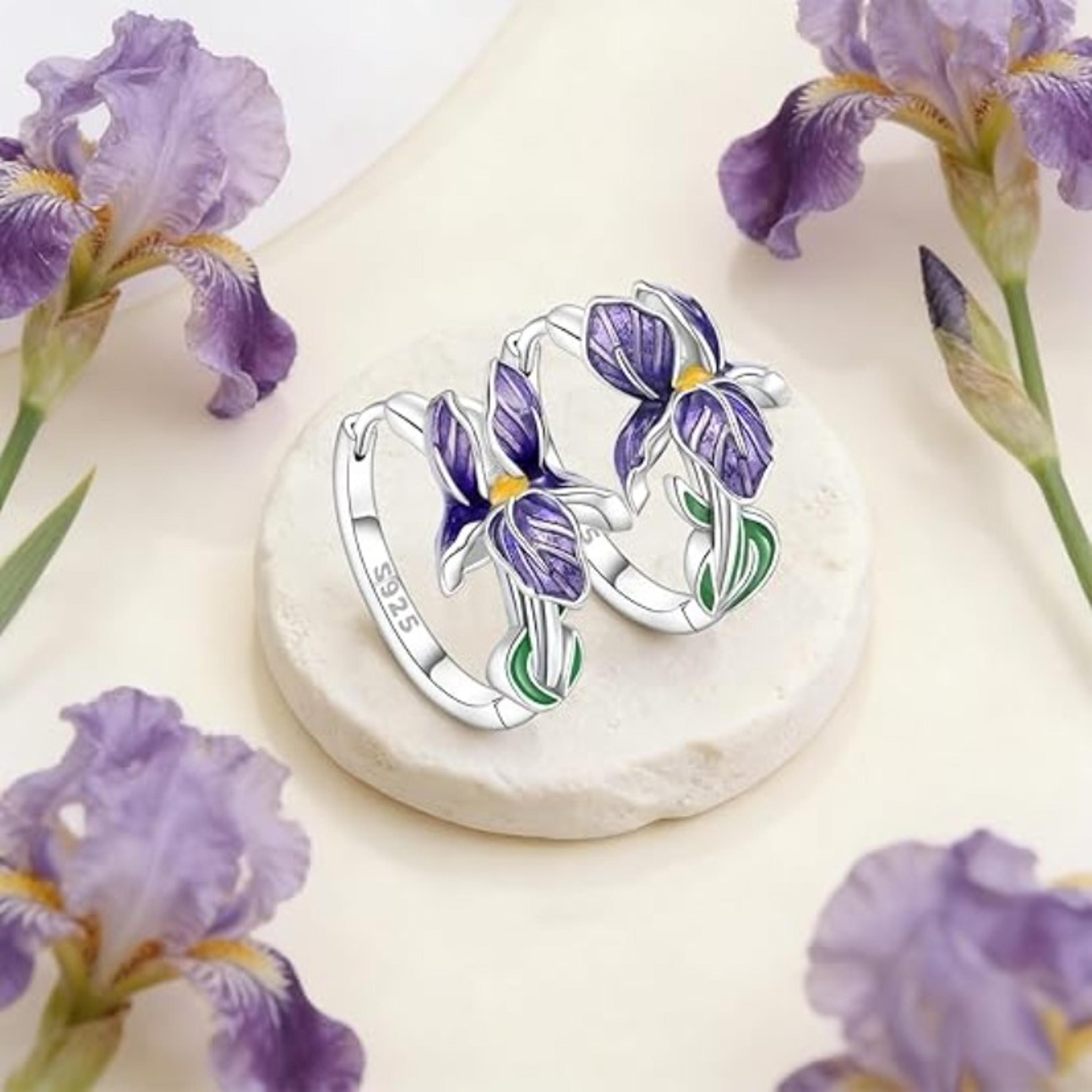 Sterling Silver Purple Iris Flower Earrings For Women Elegant Floral Jewelry Gift 3