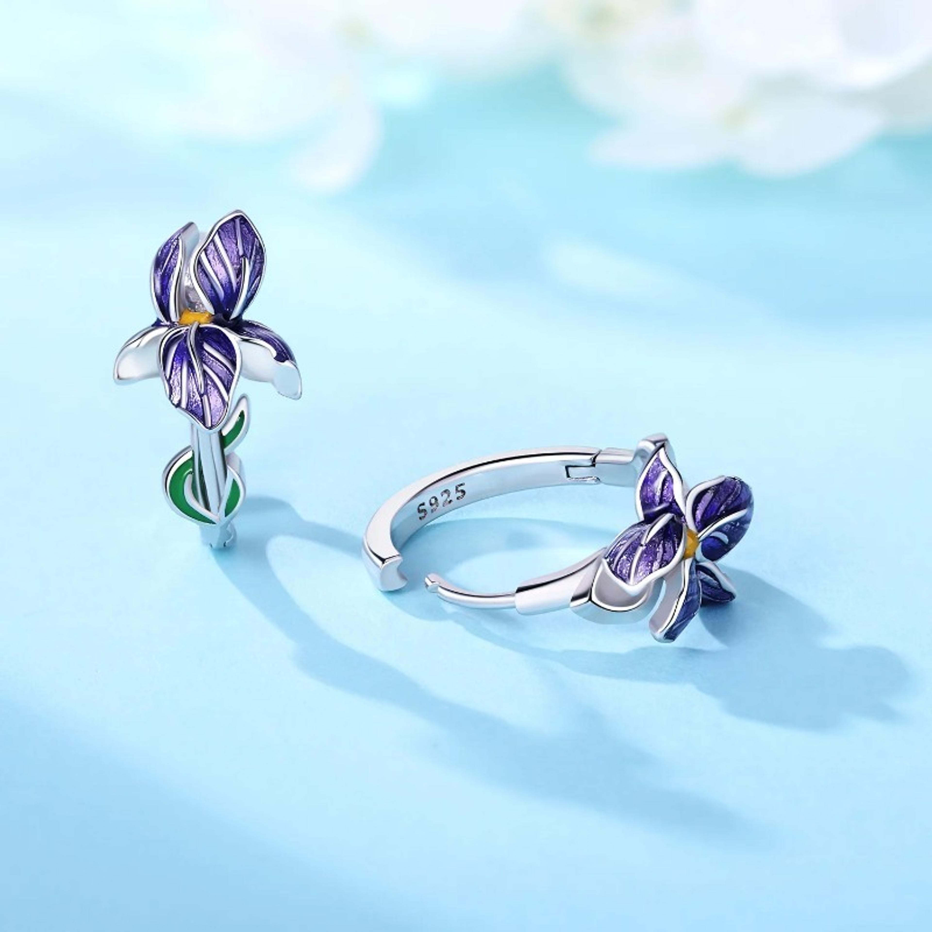 Sterling Silver Purple Iris Flower Earrings For Women Elegant Floral Jewelry Gift 5