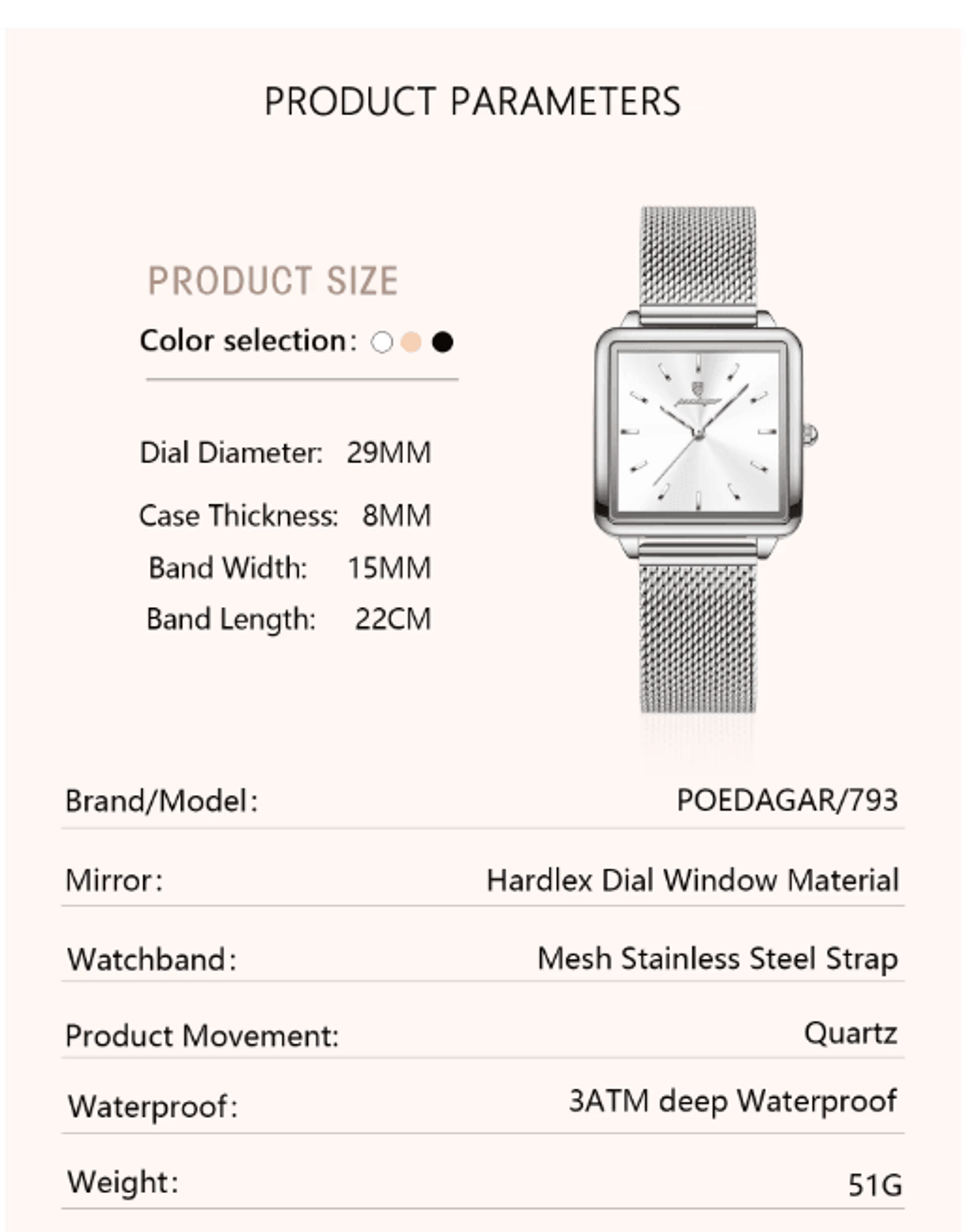 Elegant Square Women Quartz Watch Waterproof Stainless Steel Mesh Wristwatch 4