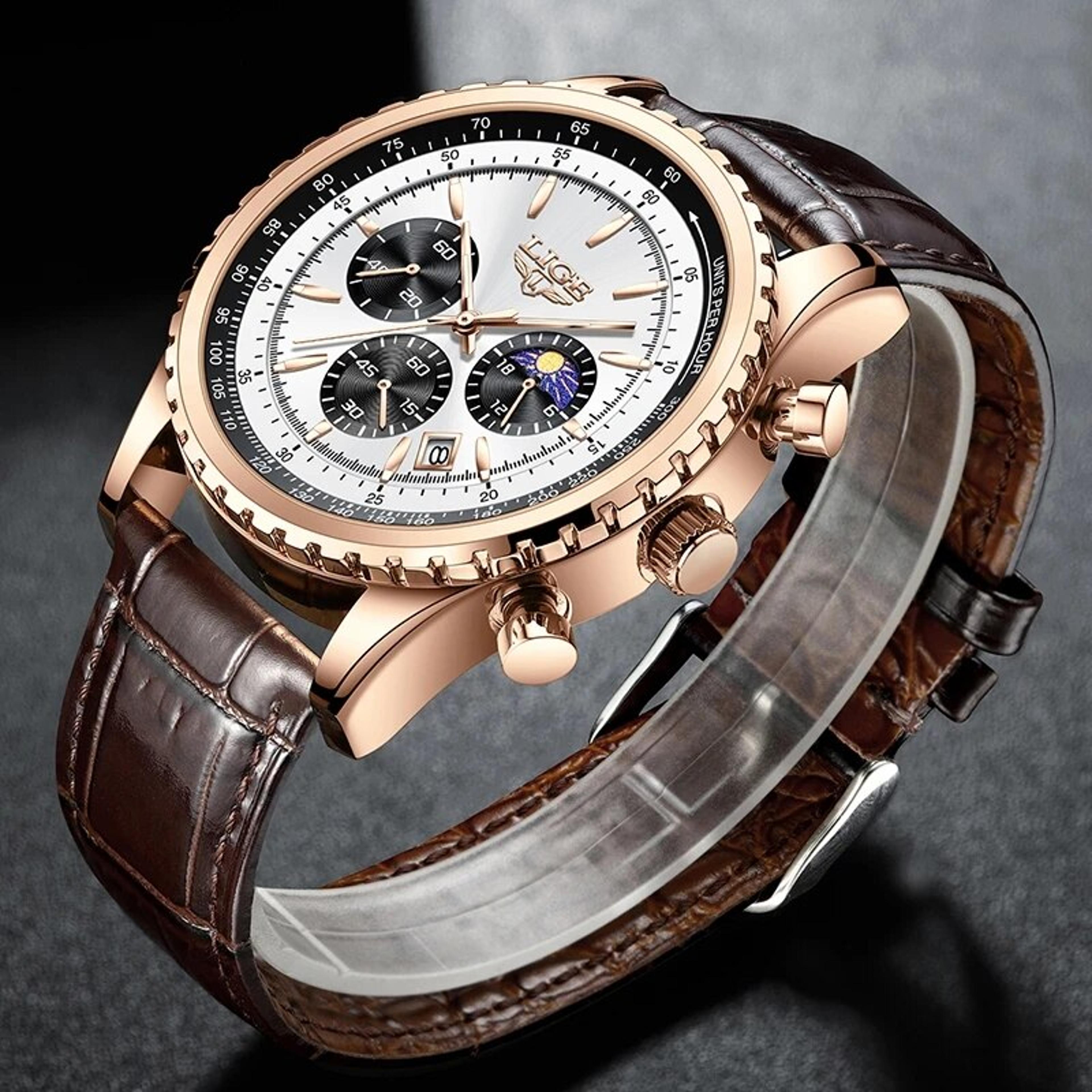 luxury mens leather quartz watch waterproof chronograph sports wristwatch