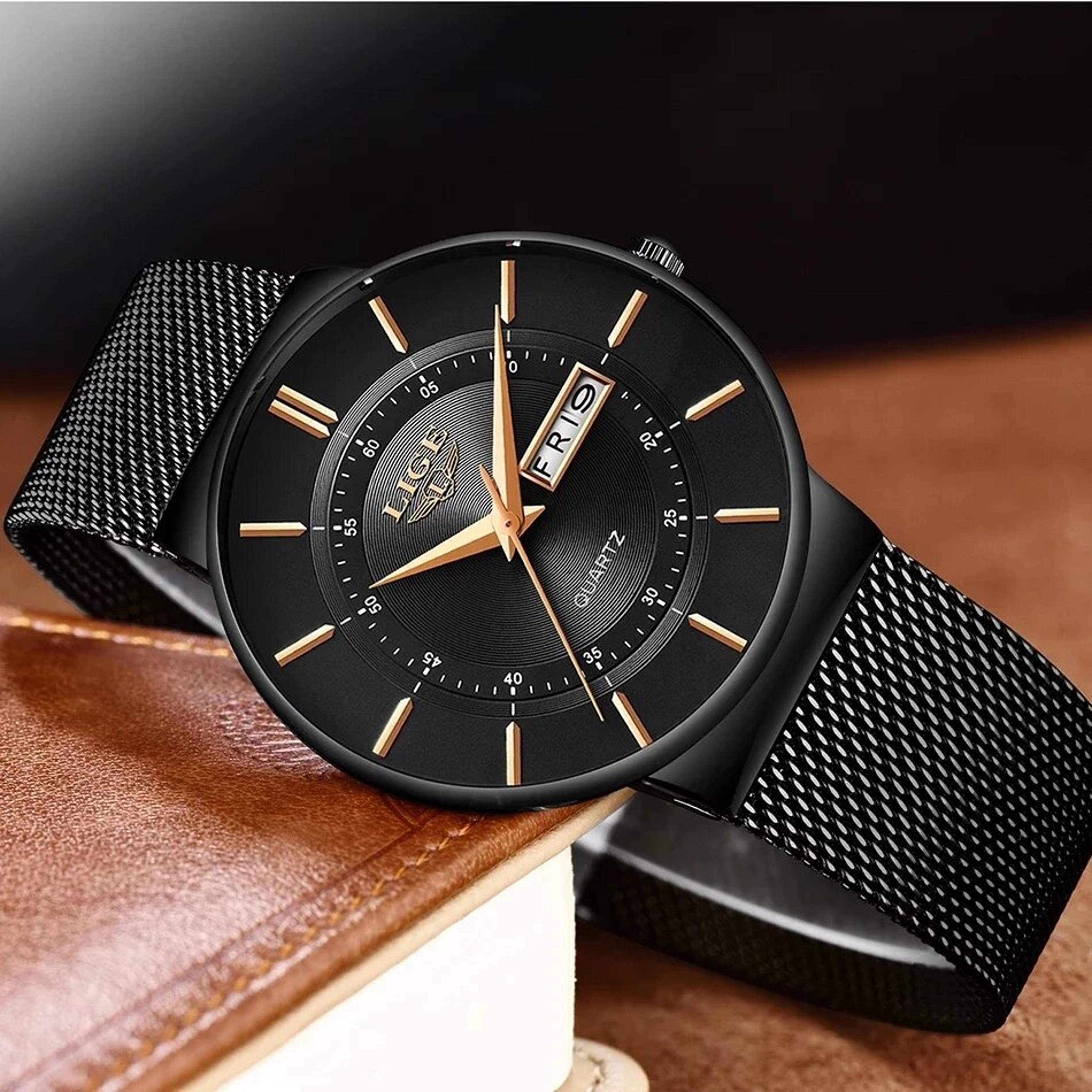 ultra thin waterproof men quartz watch with stainless steel strap and date display