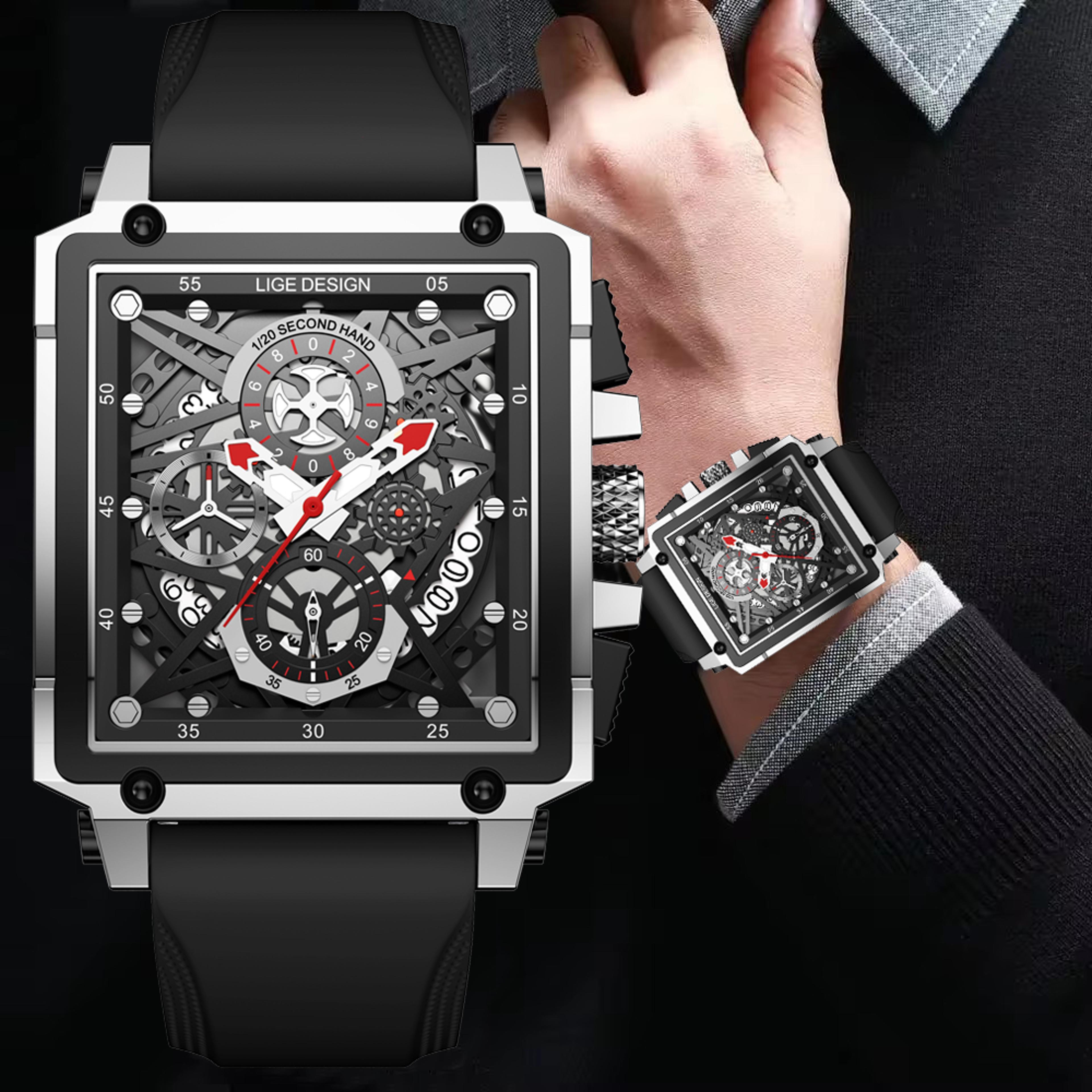 hollow square waterproof quartz chronograph watch for men