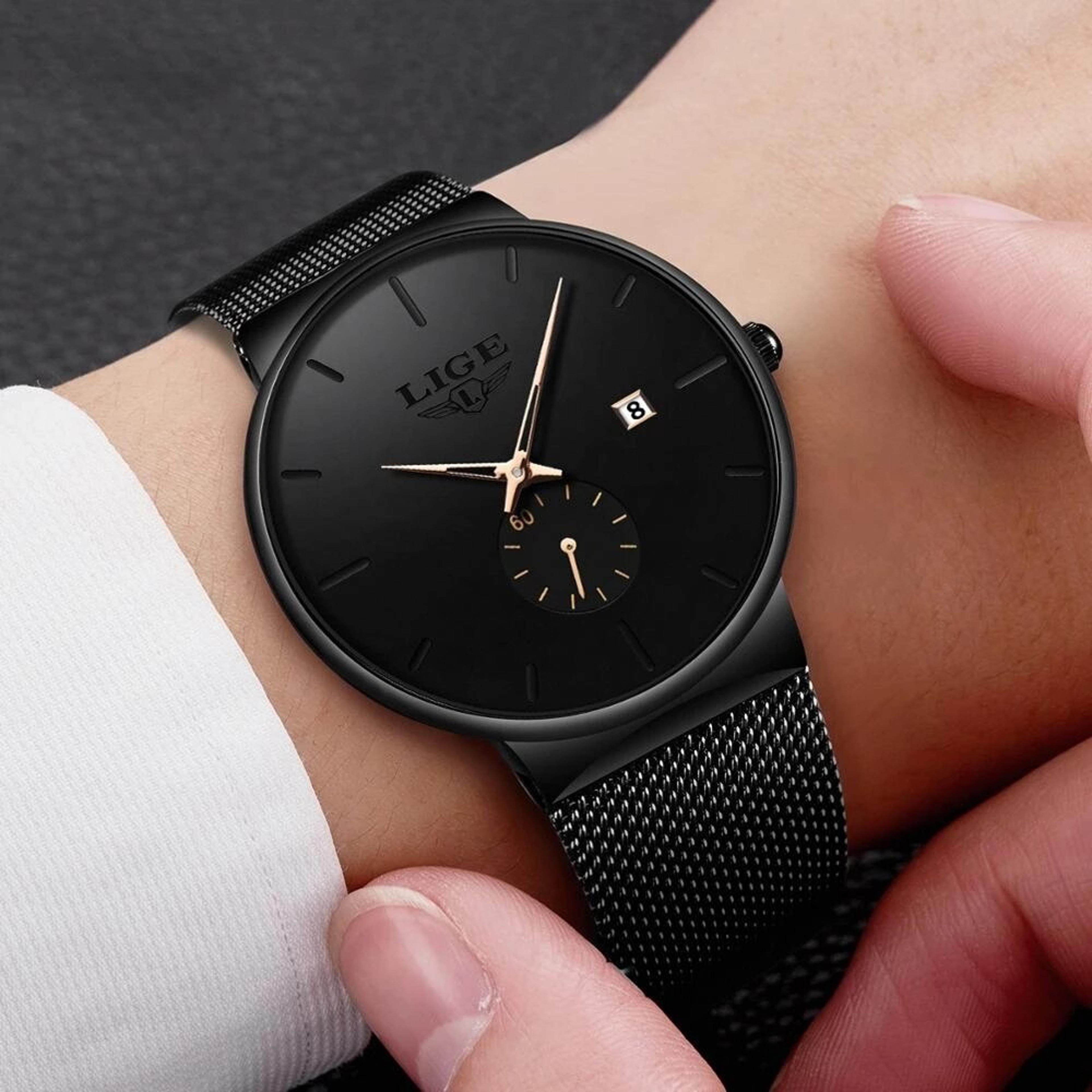 mens quartz watch slim stainless steel mesh waterproof business wristwatch