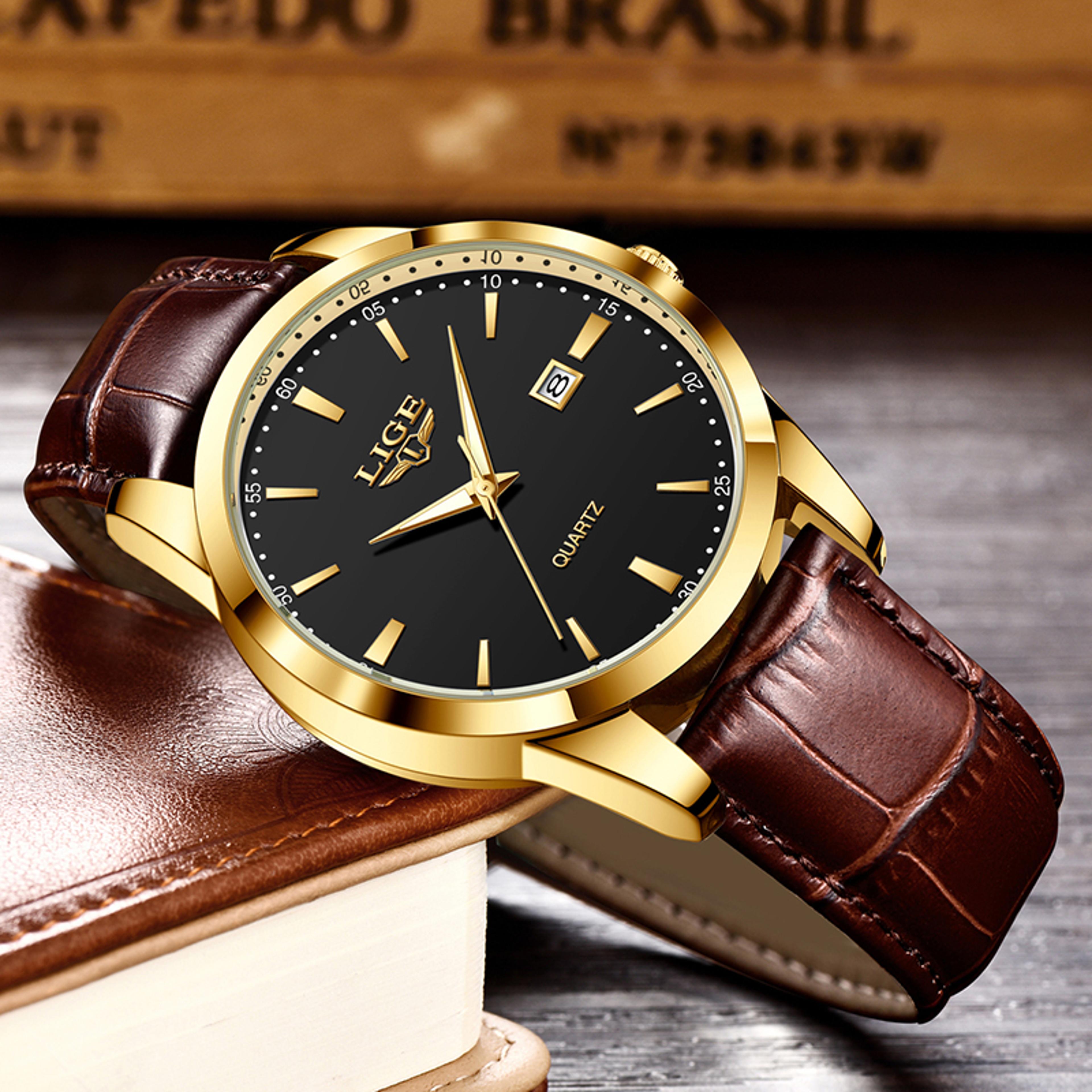 classic men's waterproof quartz watch with leather strap business casual design