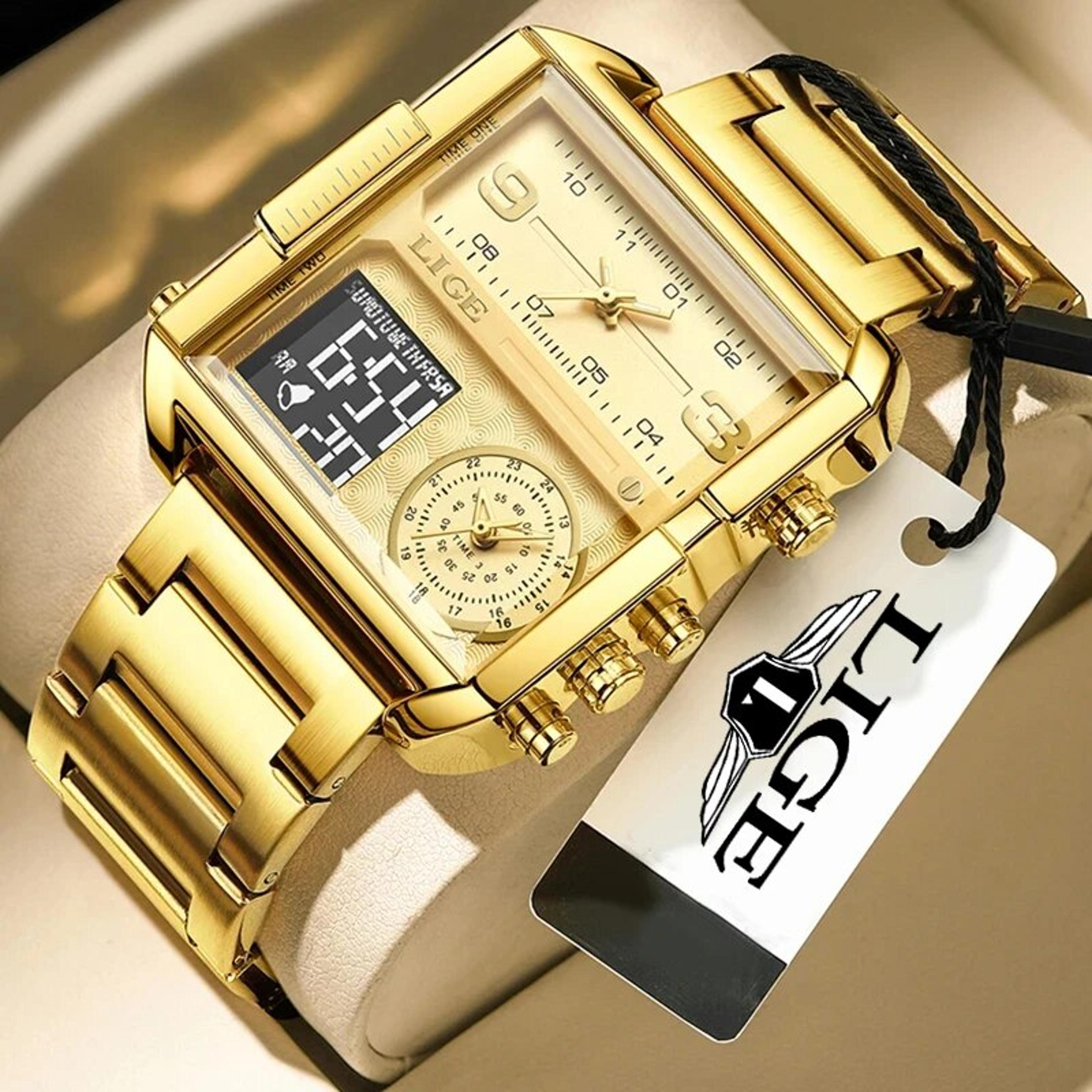 luxury dual display waterproof sports watch for men with stainless steel band