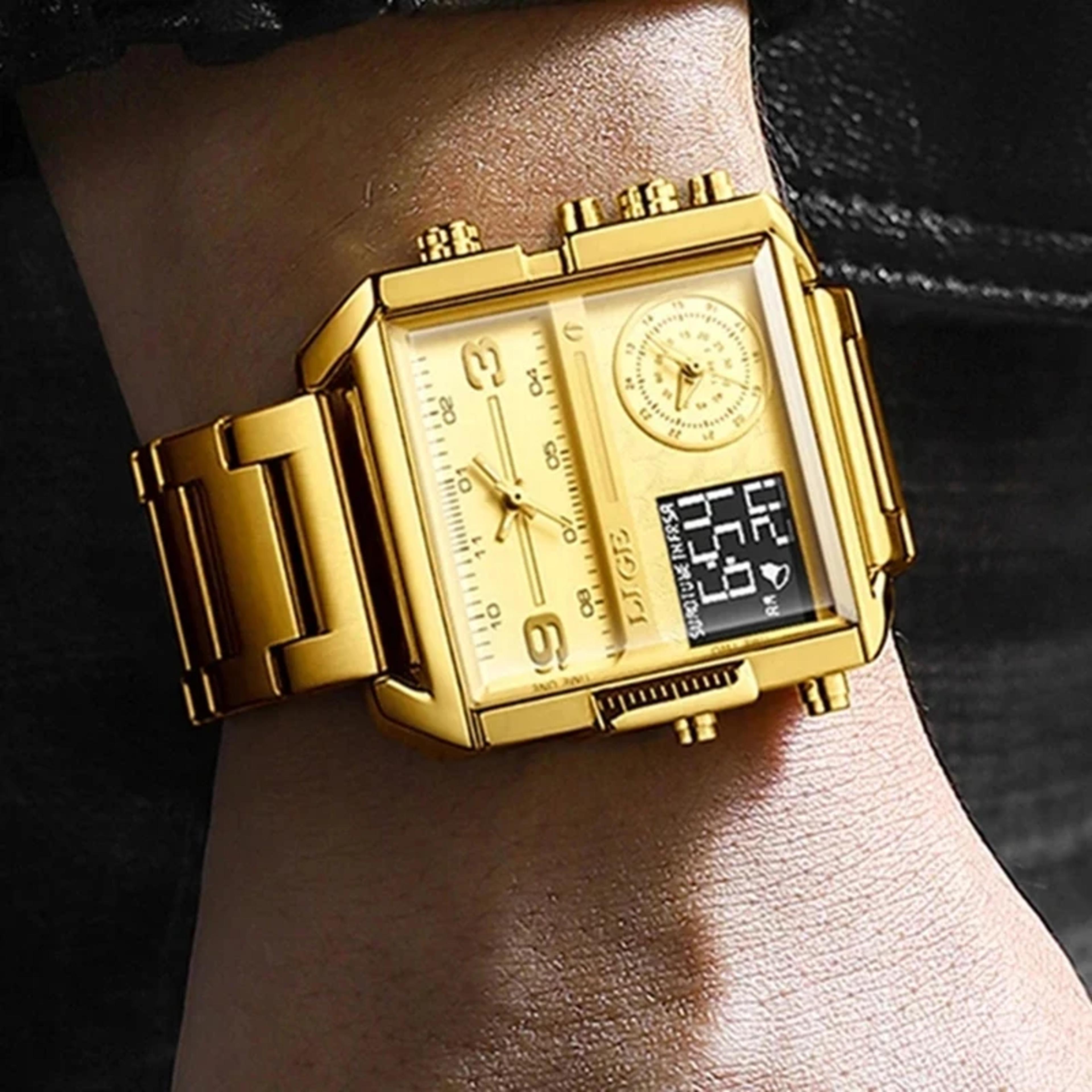 gold dual display waterproof square sports watch for men