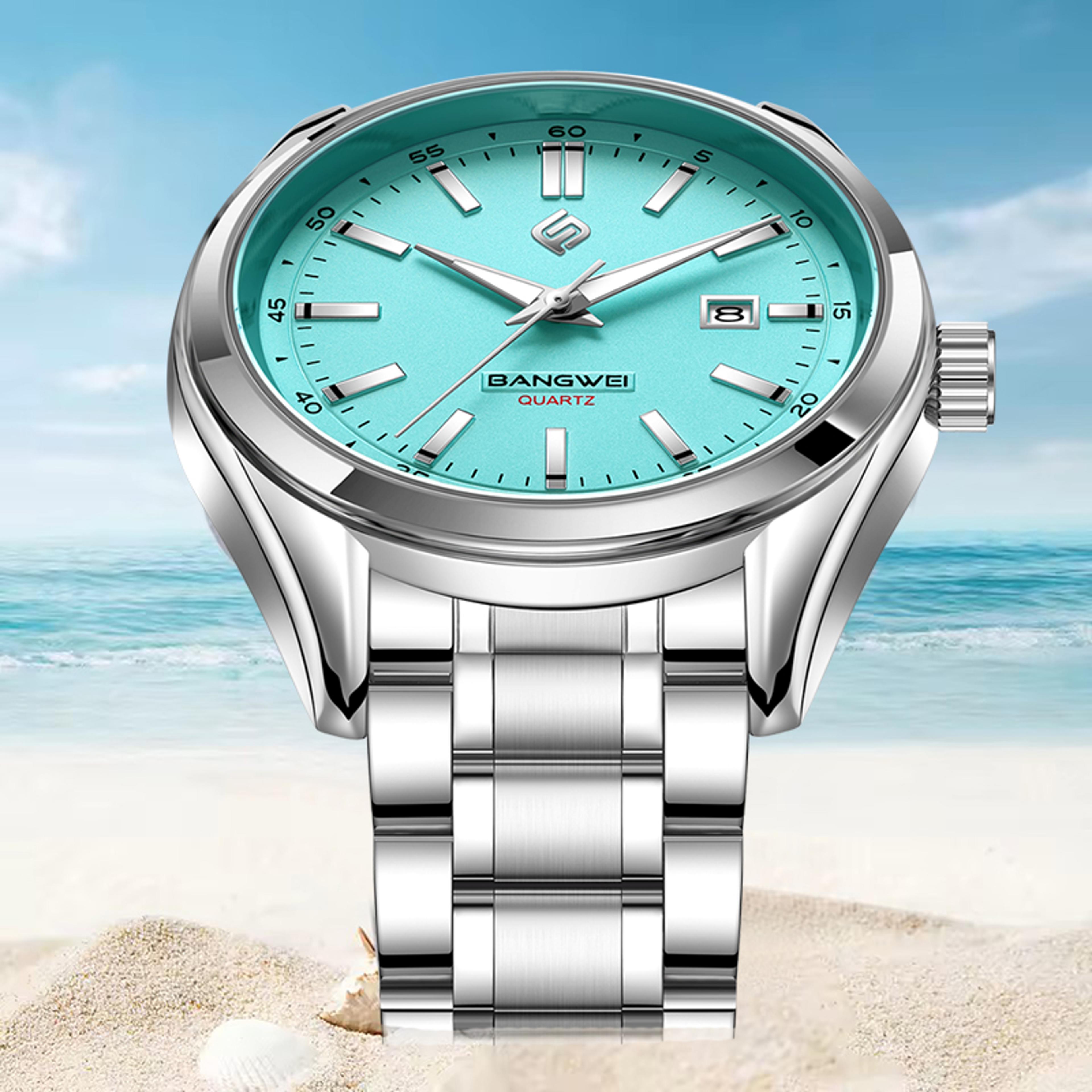 luxury men quartz watch stainless steel dual calendar business wristwatch