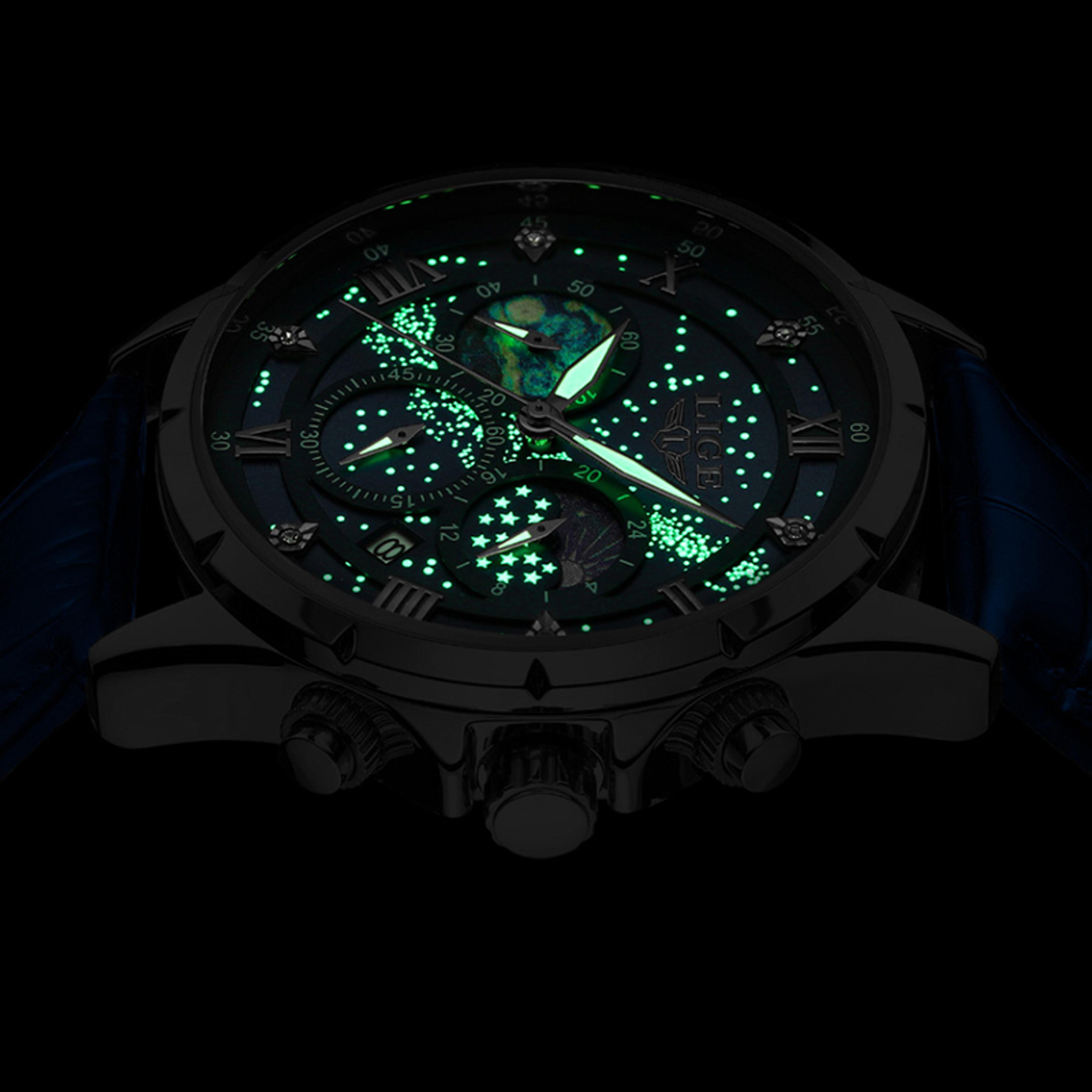 Classic Blue Leather Chronograph Watch For Men Waterproof Quartz Business Wristwatch 3